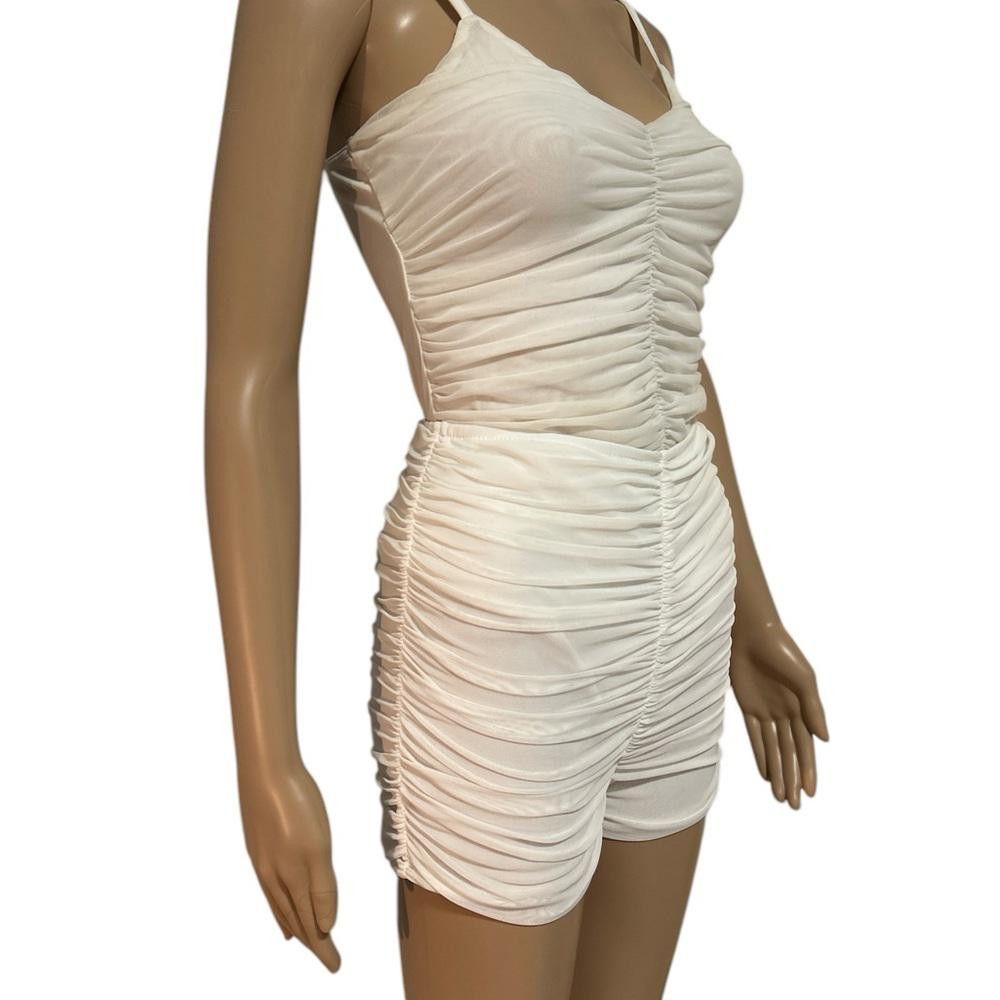 Designer Women's Cream Ruched Bodysuit Size ONE SIZE - 6 Thumbnail