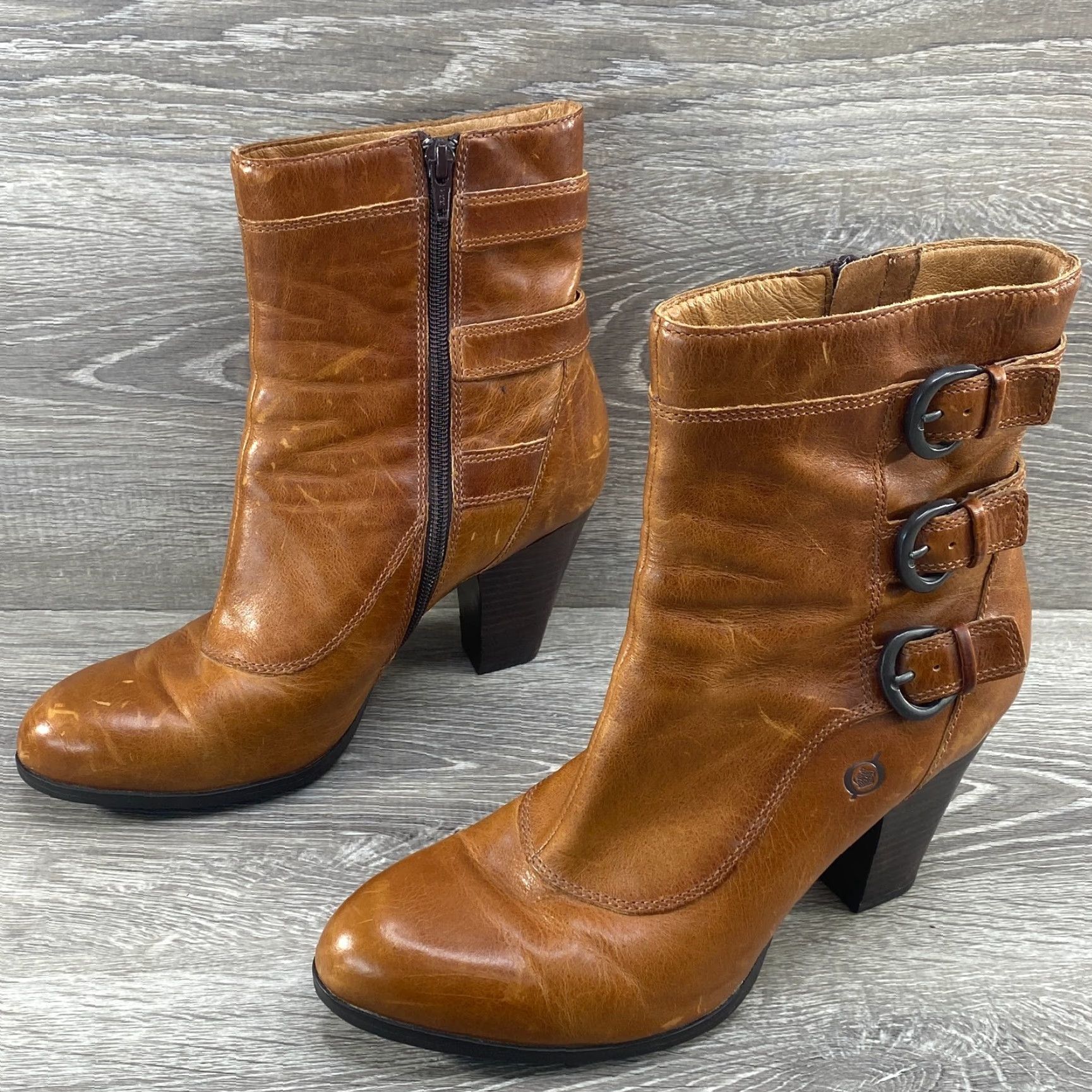 Born VINTAGE Born Womens Brown Leather Ankle Booties High Heel Buckles Side Zipper Size 9 Size US 9 / IT 39 - 5 Thumbnail