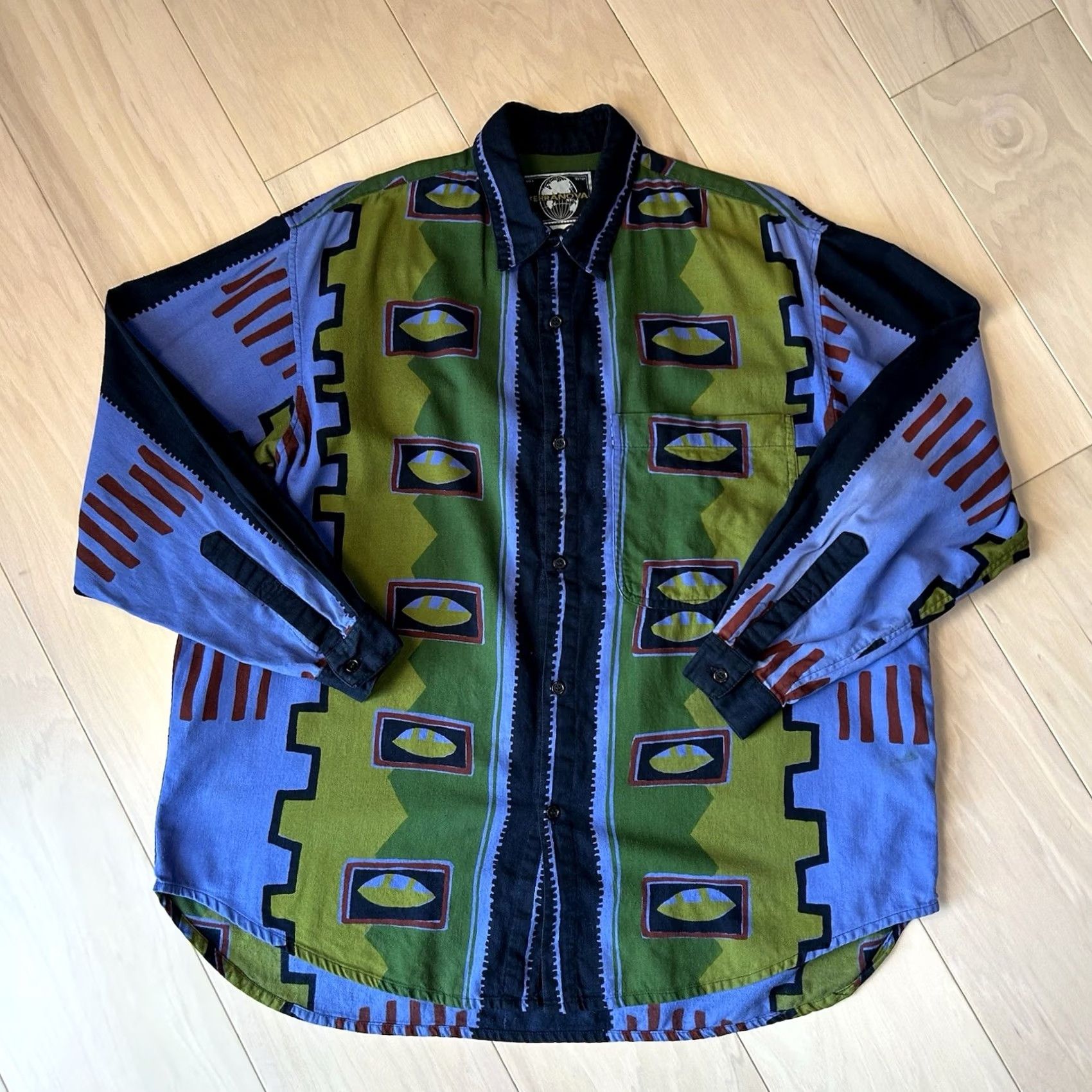 Vintage VINTAGE Terranova Button-Down Shirt Long Sleeve Geometric Pattern Men’s Medium Blue / Green / Red Knit Cotton Regular 90s Fashion Shirts Mens Size US M / EU 48-50 / 2 - 2 Thumbnail