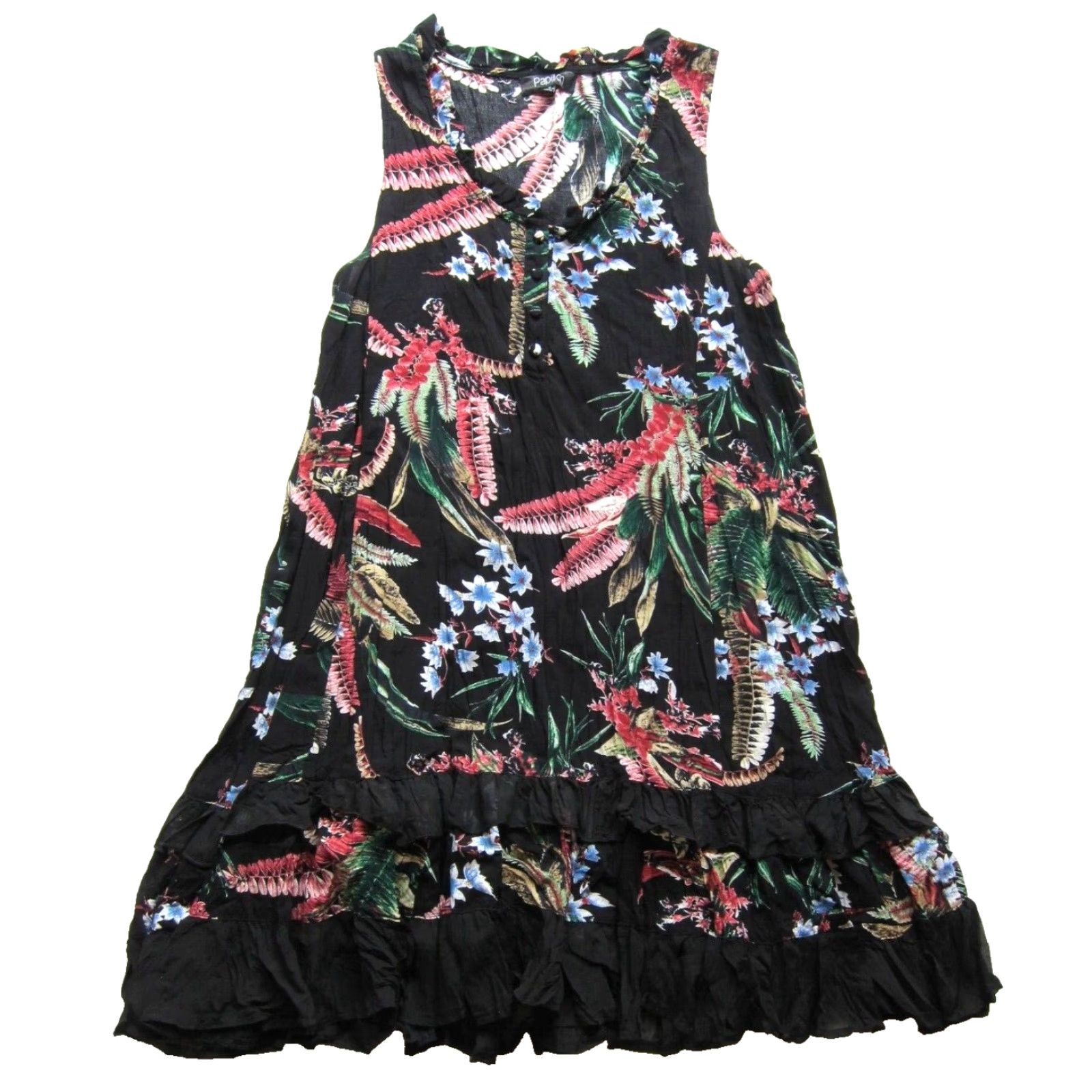 Vintage VINTAGE Papillon 100% Rayon Black Green Pink Floral Sleeveless Ruffle Tank Sun Dress Small Size S / US 4 / IT 40 - 2 Thumbnail