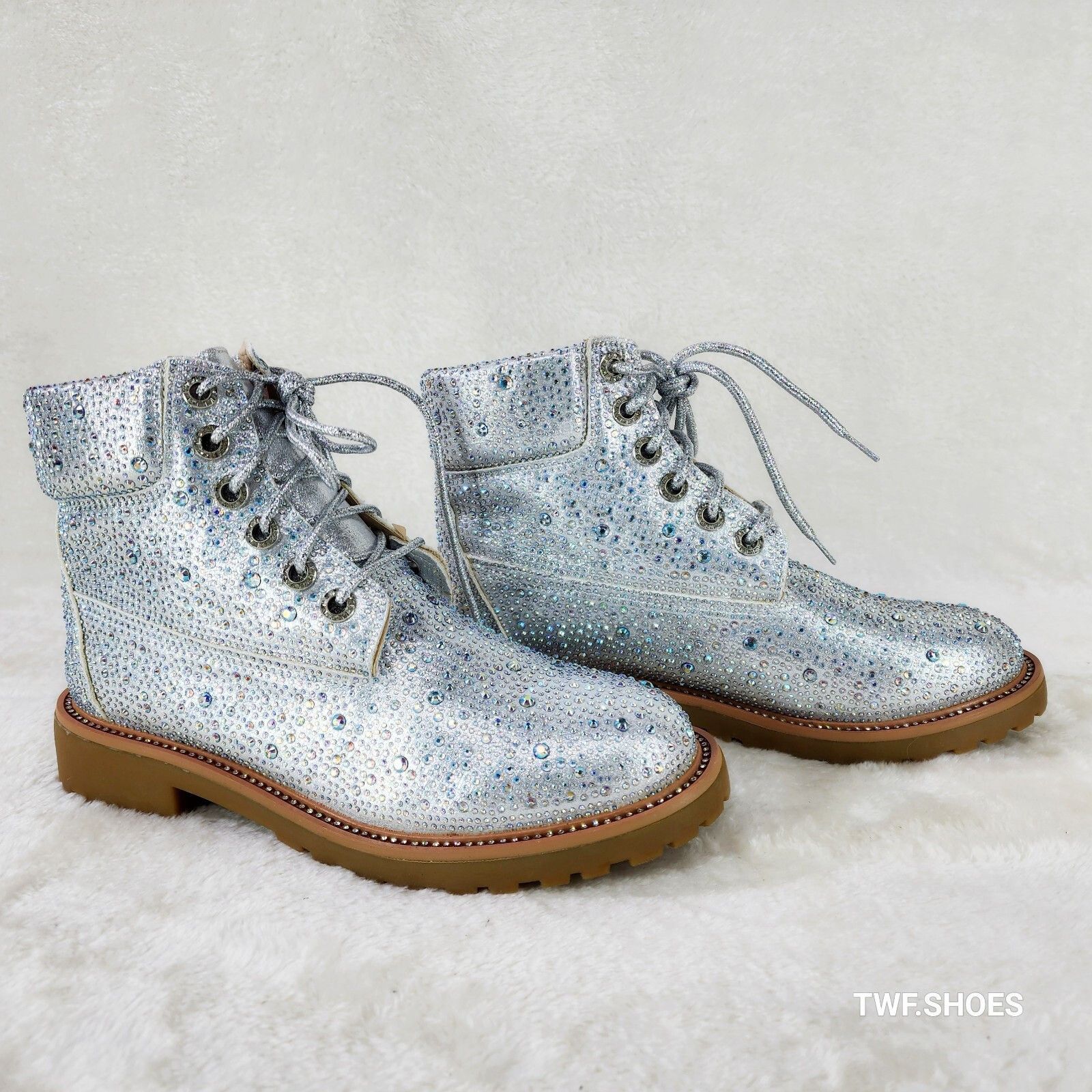 Wonder Sparkling Rhinestone Combat Ankle Boots Metallic Silv