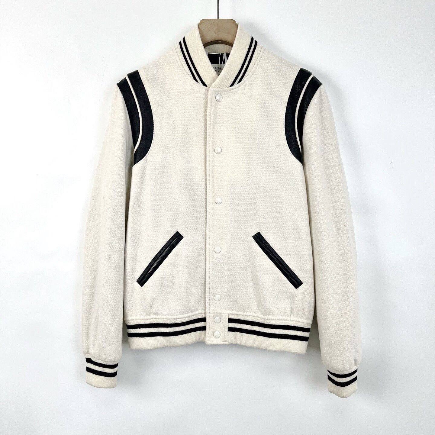 Saint Laurent Paris SAINT LAURENT White Leather Sleeve Baseball Jacket Size US M / EU 48-50 / 2 - 1 Thumbnail