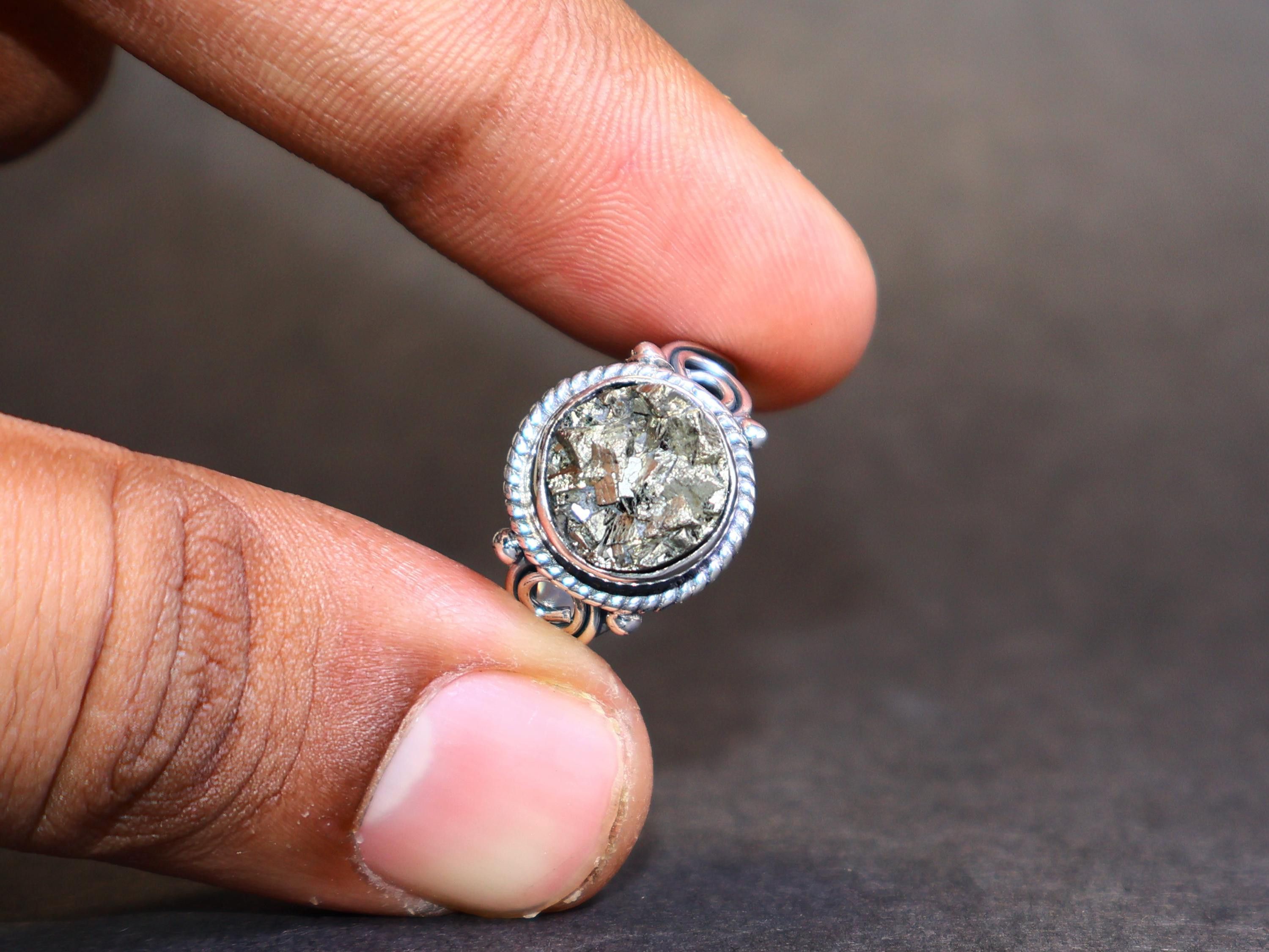 Handmade Pyrite ring, Round shape ring, Sterling Silver Handmade Ring Size ONE SIZE - 6 Thumbnail