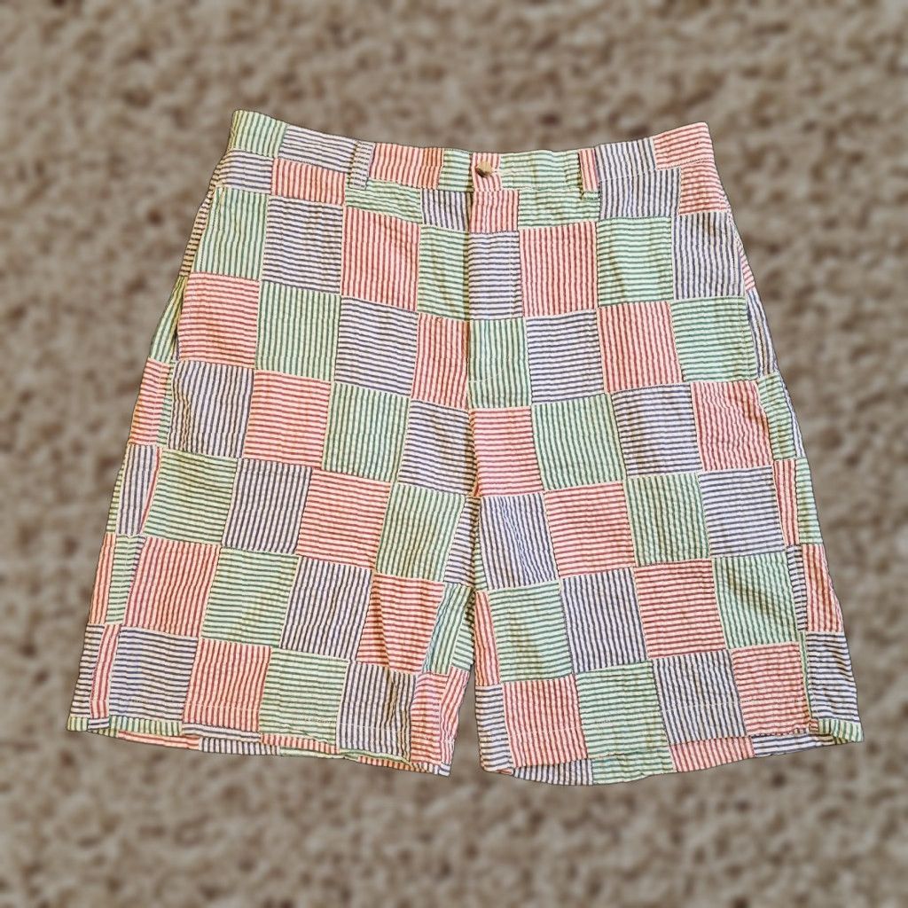 Vintage Harris Shorts Men 34 Green Blue Red Madras Plaid Bermuda Preppy Casual Seersucker 10in Inseam Flat Front Knit Cotton Zip Pockets Size US 34 / EU 50 - 1 Thumbnail