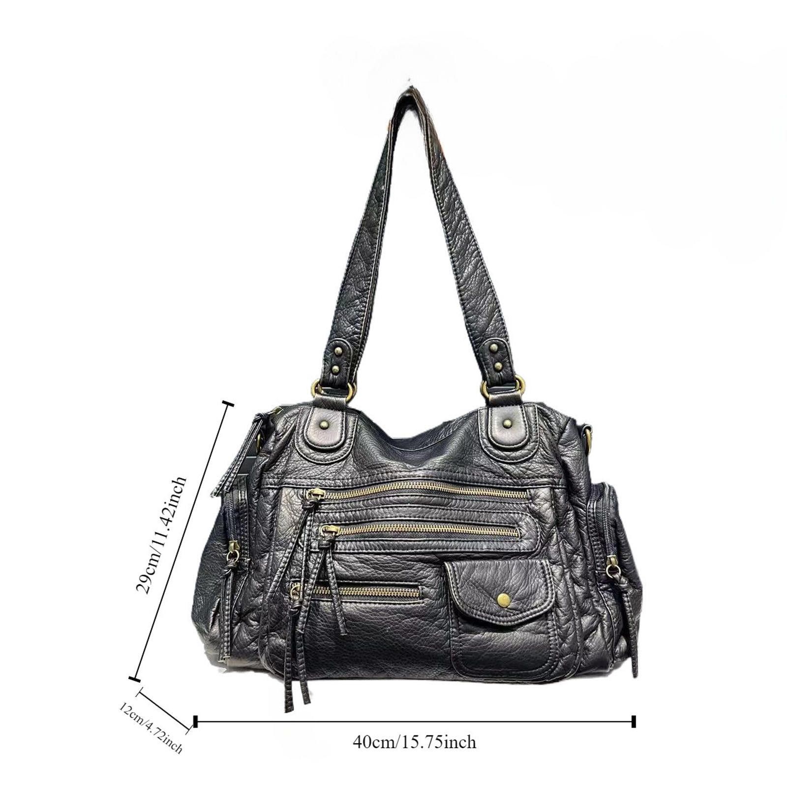 Vintage Black Quilted Leather Handbag with Multiple Zipper Pockets Size ONE SIZE - 5 Thumbnail