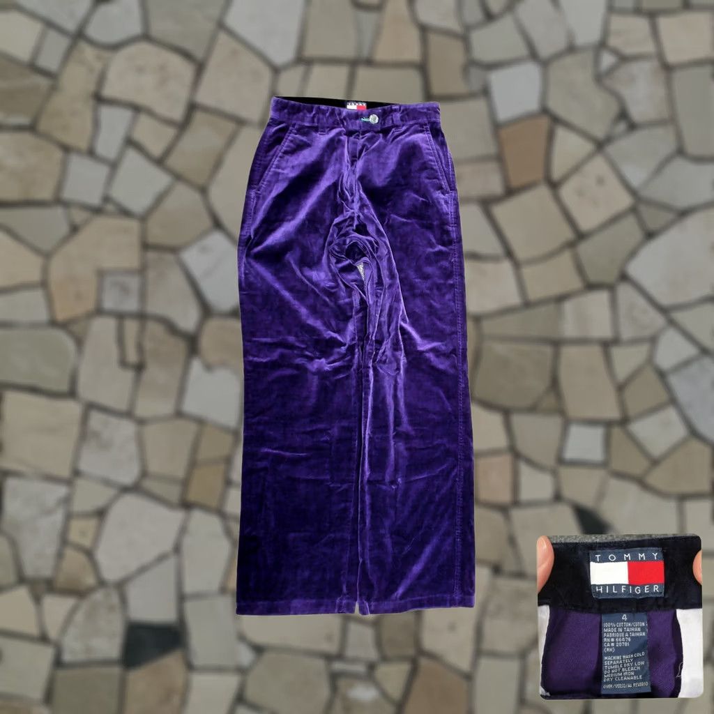 Tommy Hilfiger VINTAGE Tommy Hilfiger Purple Velvet High Waist Wide-Leg Pants Womens 4 Size 27" / US 4 / IT 40 - 1 Thumbnail