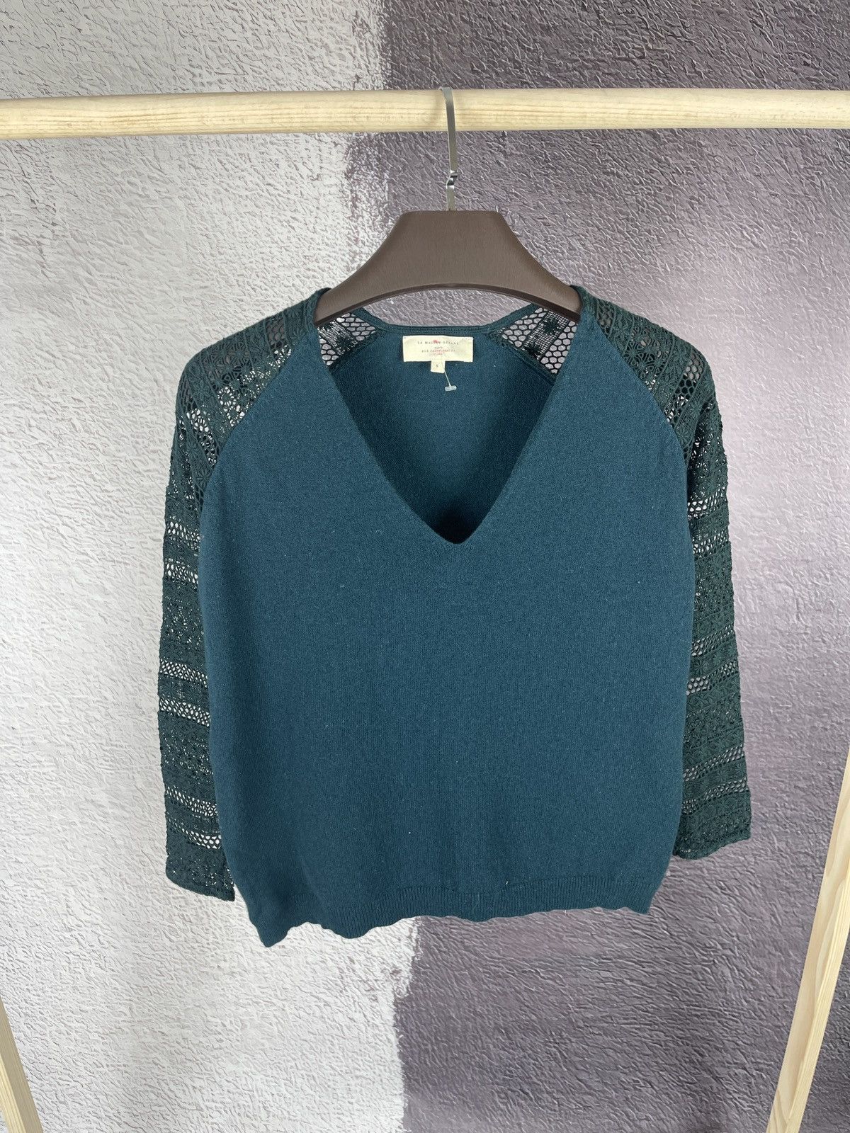 Sezane Sezane Sweater blue Green Lace Sleeves Wool Cashmere V-neck Size S / US 4 / IT 40 - 1 Thumbnail