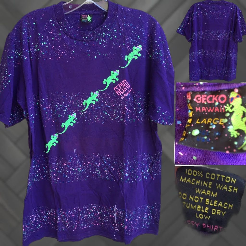 Vintage VINTAGE Gecko Hawaii T-Shirt Mens L Purple Neon Graphics Happy Shirts Geckos Puff Paint 80s 90s Neon Splatter Striped Animals Hawaiian Size US L / EU 52-54 / 3 - 1 Thumbnail