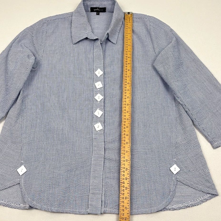 Vintage Yushi Blazer Blouse Womens M PinStriped Seersucker Artsy Button Front Stretch Shirt Dress? Size M / US 6-8 / IT 42-44 - 5 Thumbnail