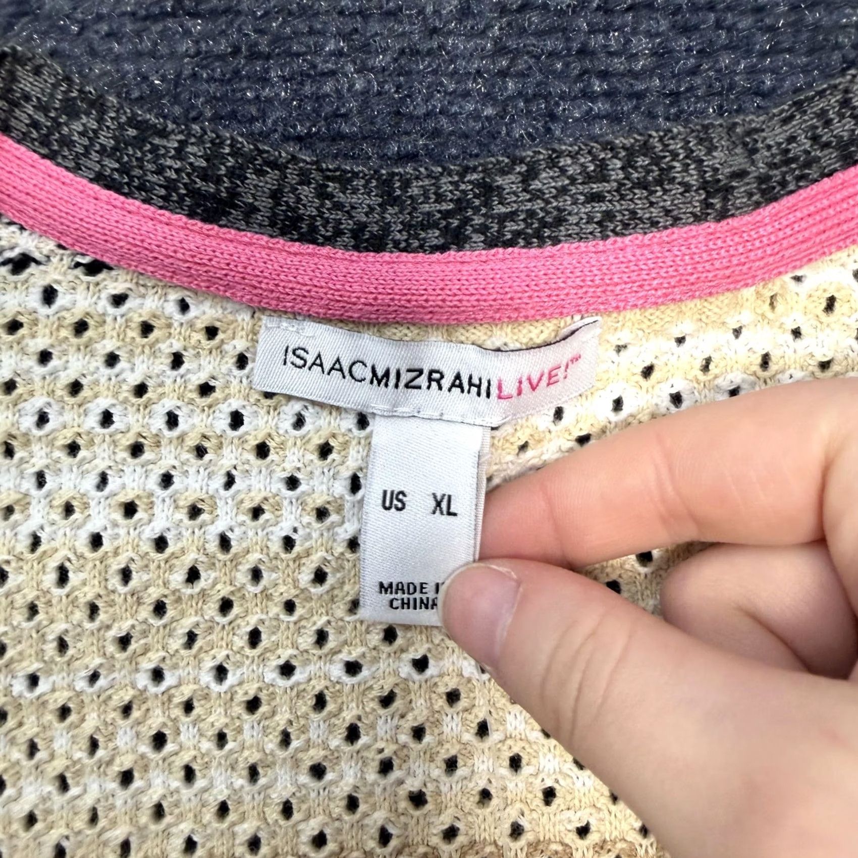 Vintage Isaac Mizrahi Live! Cardigan Womens XL Gray Striped Open-Knit Pockets Size XL / US 12-14 / IT 48-50 - 3 Thumbnail