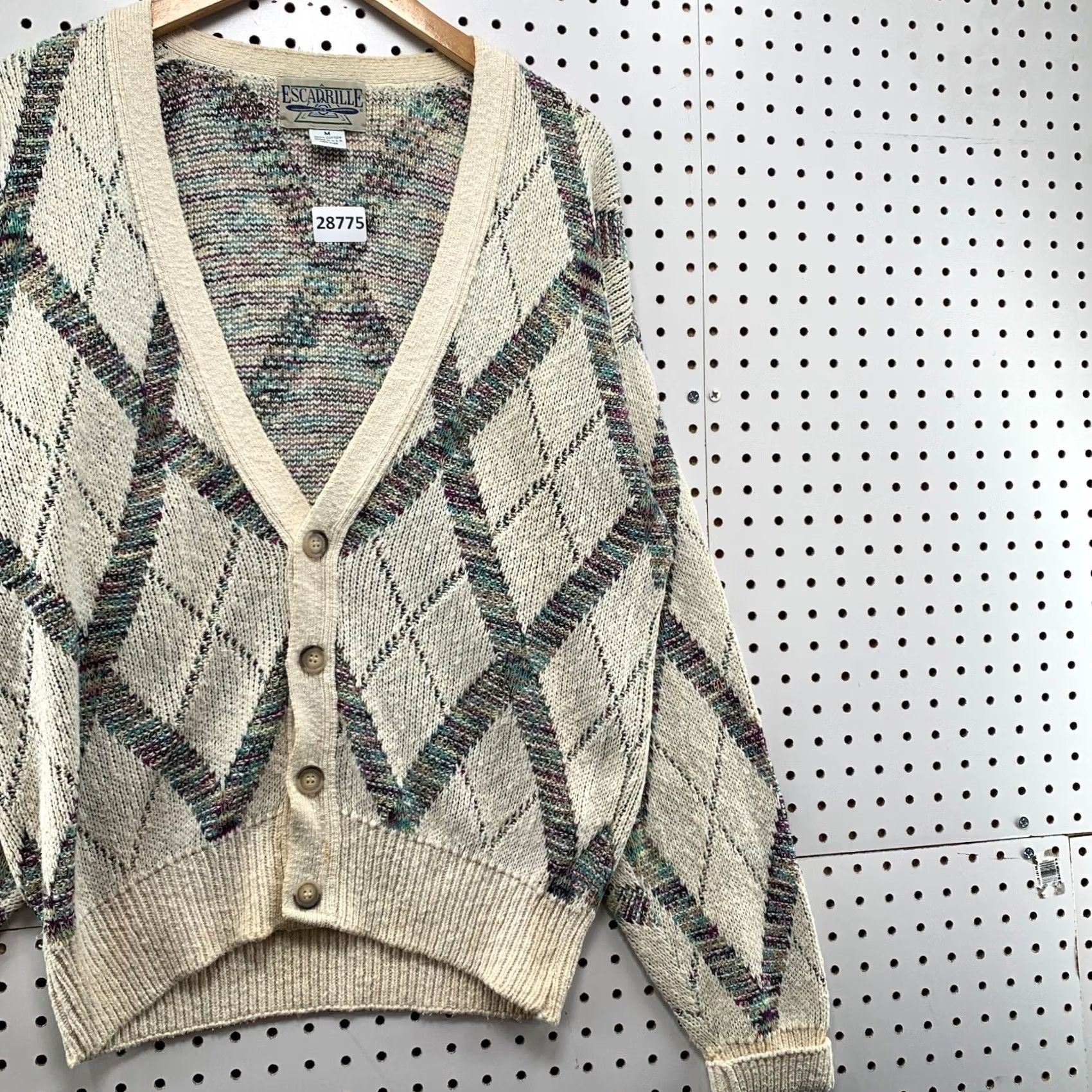 Vintage VINTAGE Escadrille Knit Cardigan Sweater Mens M Beige Argyle 90s USA 23X27 Size US M / EU 48-50 / 2 - 4 Thumbnail