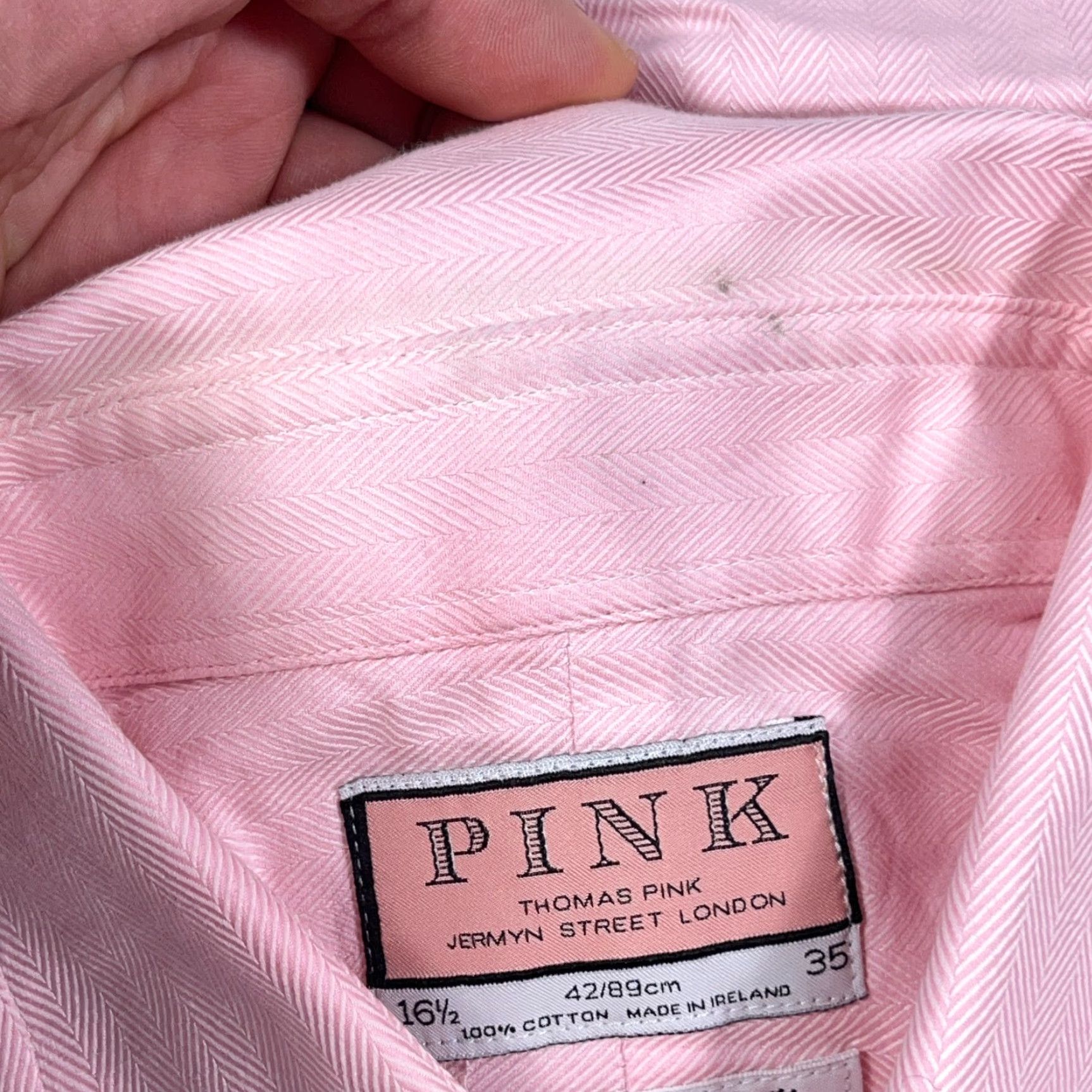 Pinko Thomas Pink Shirt Men 16.5 35 Pink Button Up French Cuff Herringbone Twill Dress Shirt Mens Size 42R - 7 Thumbnail