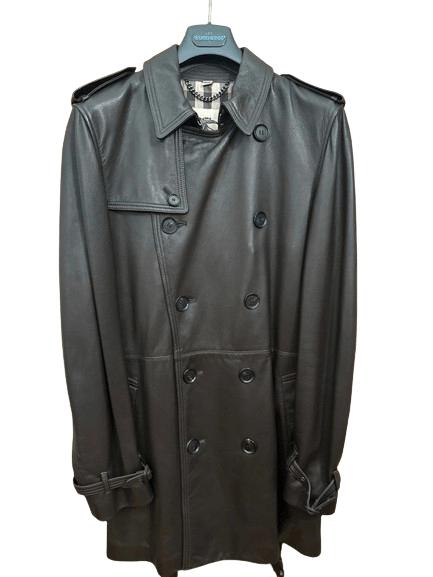 image of Burberry London Men Black Leather Belted Coat Size 48(L)