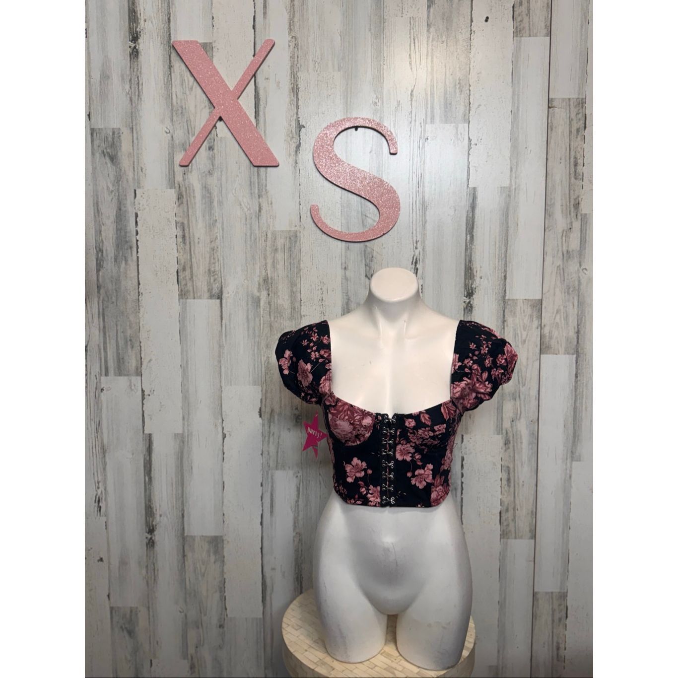 Melrose XS Black Pink Floral Corset Crop Top Puff Sleeve Hook-Front Size XS / US 0-2 / IT 36-38 - 7 Thumbnail