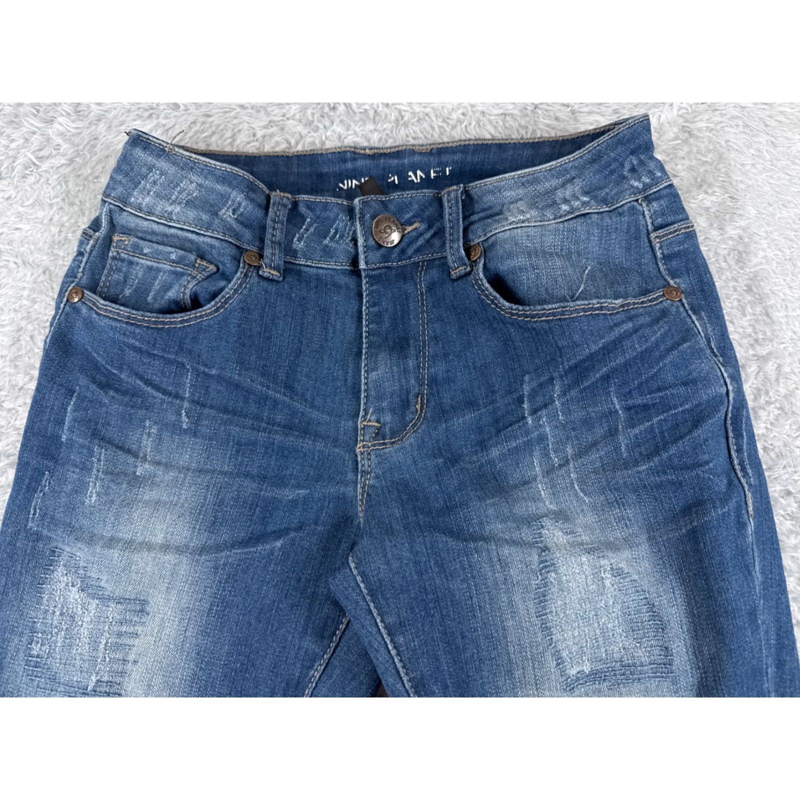 Vintage Nine Planet Jeans Womens 1 Blue Denim Skinny Boot Leg Distressed Low 22x30 Size 25" / US 0 / IT 36 - 4 Thumbnail