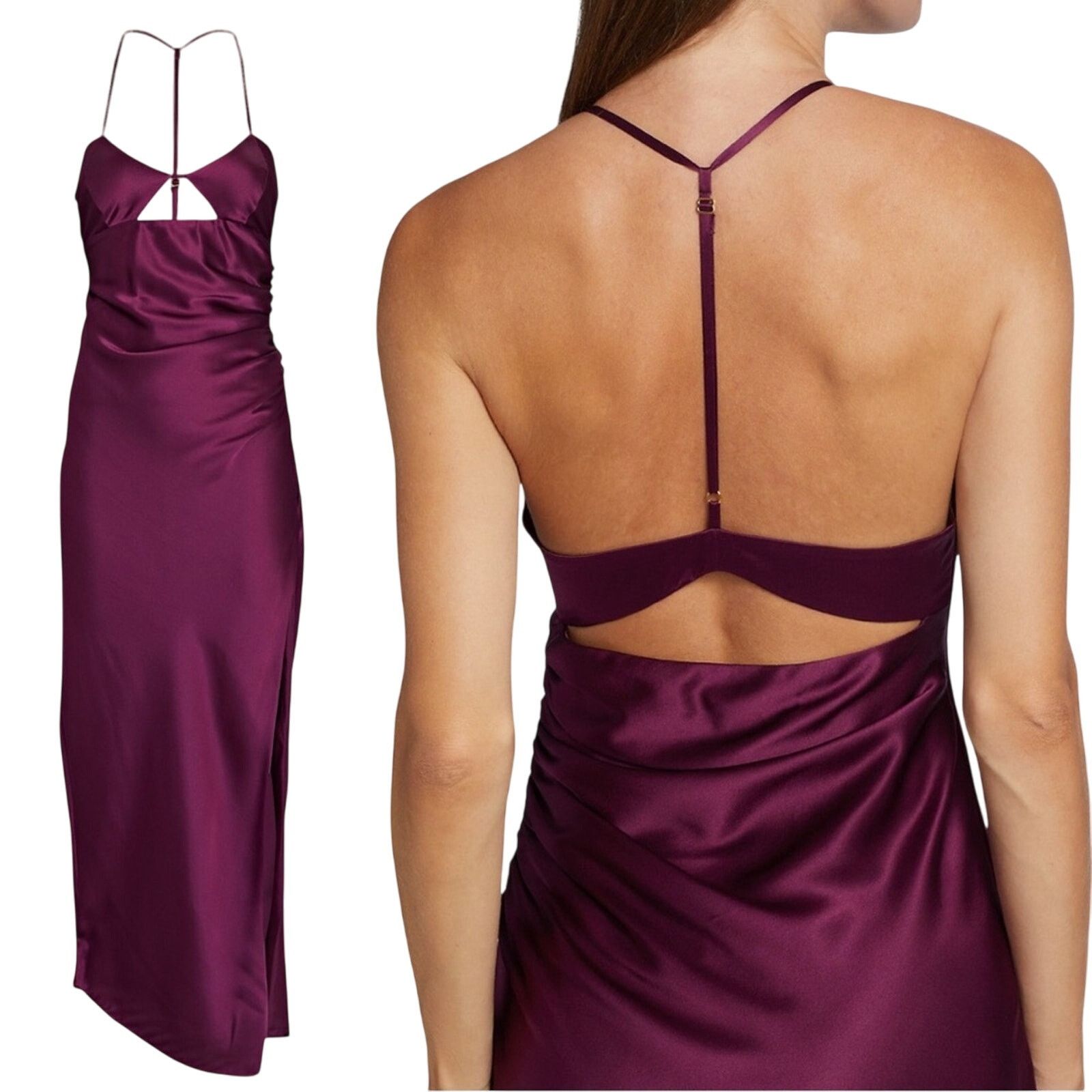 The Sei Ruched Cut Out Silk Midi Dress in Burgundy 2