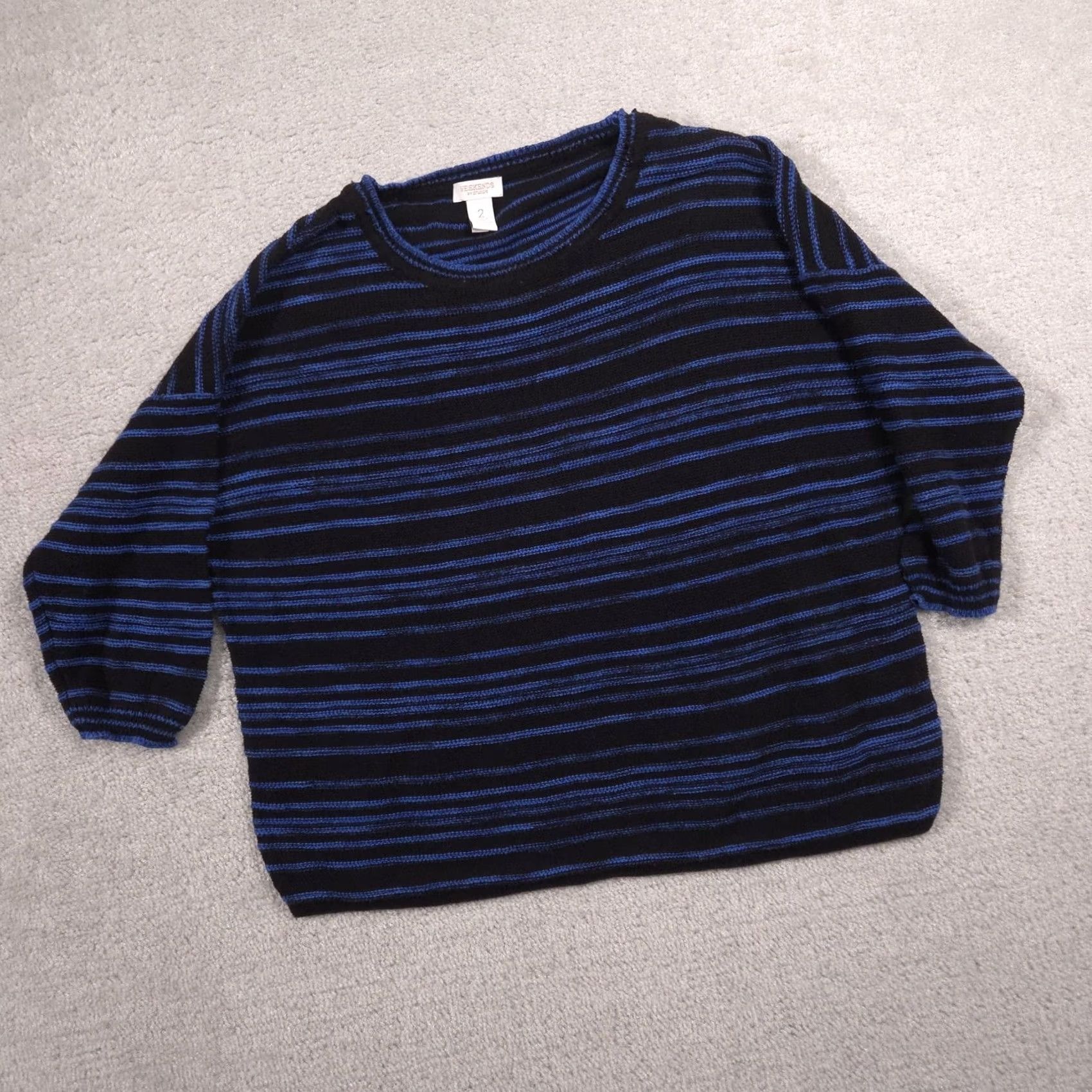 Vintage Weekends by Chico's Sweater Womens 2 Black 100% Cotton Striped Knit Pullover Shirt Pullover Crew Neck 3/4 Sleeve Casual Fall Womens Size XS / US 0-2 / IT 36-38 - 2 Thumbnail