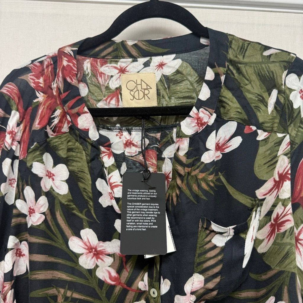 Chaser Brand Women's Chaser L Black White Tropical Long Sleeve Blouse Size L / US 10 / IT 46 - 7 Thumbnail
