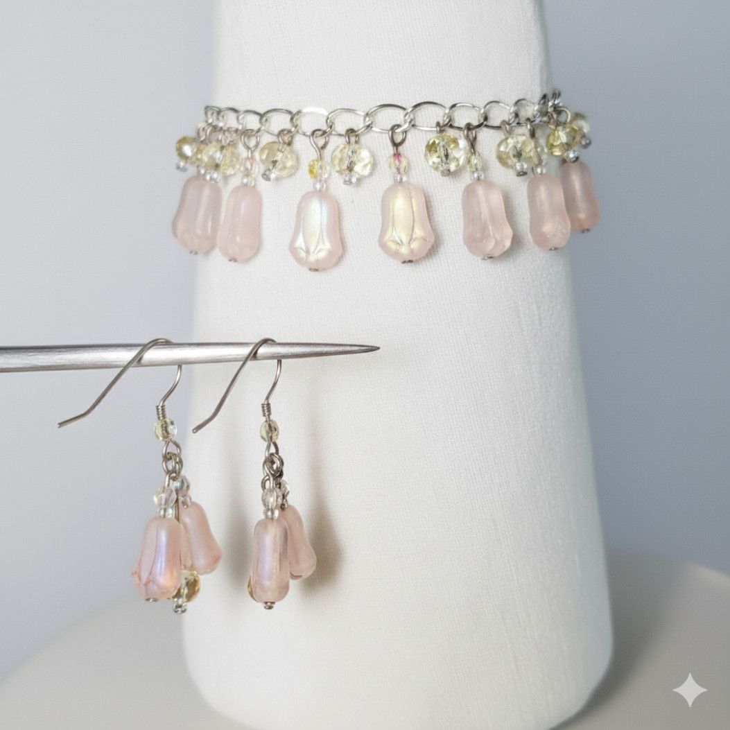 Other Tulip 7" Charm Bracelet Earrings Set Handmade Pink Czech Size ONE SIZE - 3 Thumbnail