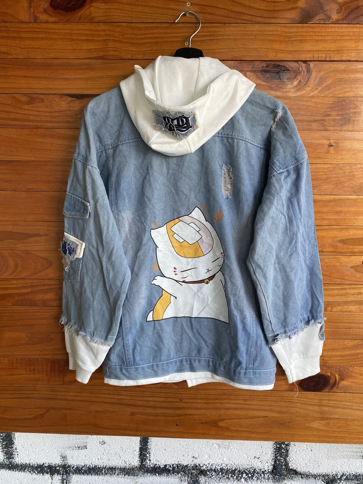 Japanese Brand Vintage-Inspired Light Wash Denim Jacket Hoodie Cat Graphic Size M / US 6-8 / IT 42-44 - 4 Thumbnail