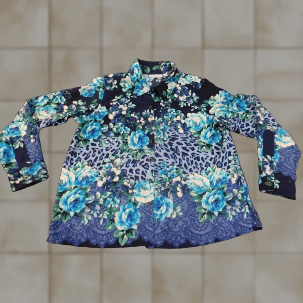 Vintage Susan Graver Button-Up Floral Blue Shirt Womens L Knit Polyester Casual Spring Summer Size L / US 10 / IT 46 - 1 Thumbnail