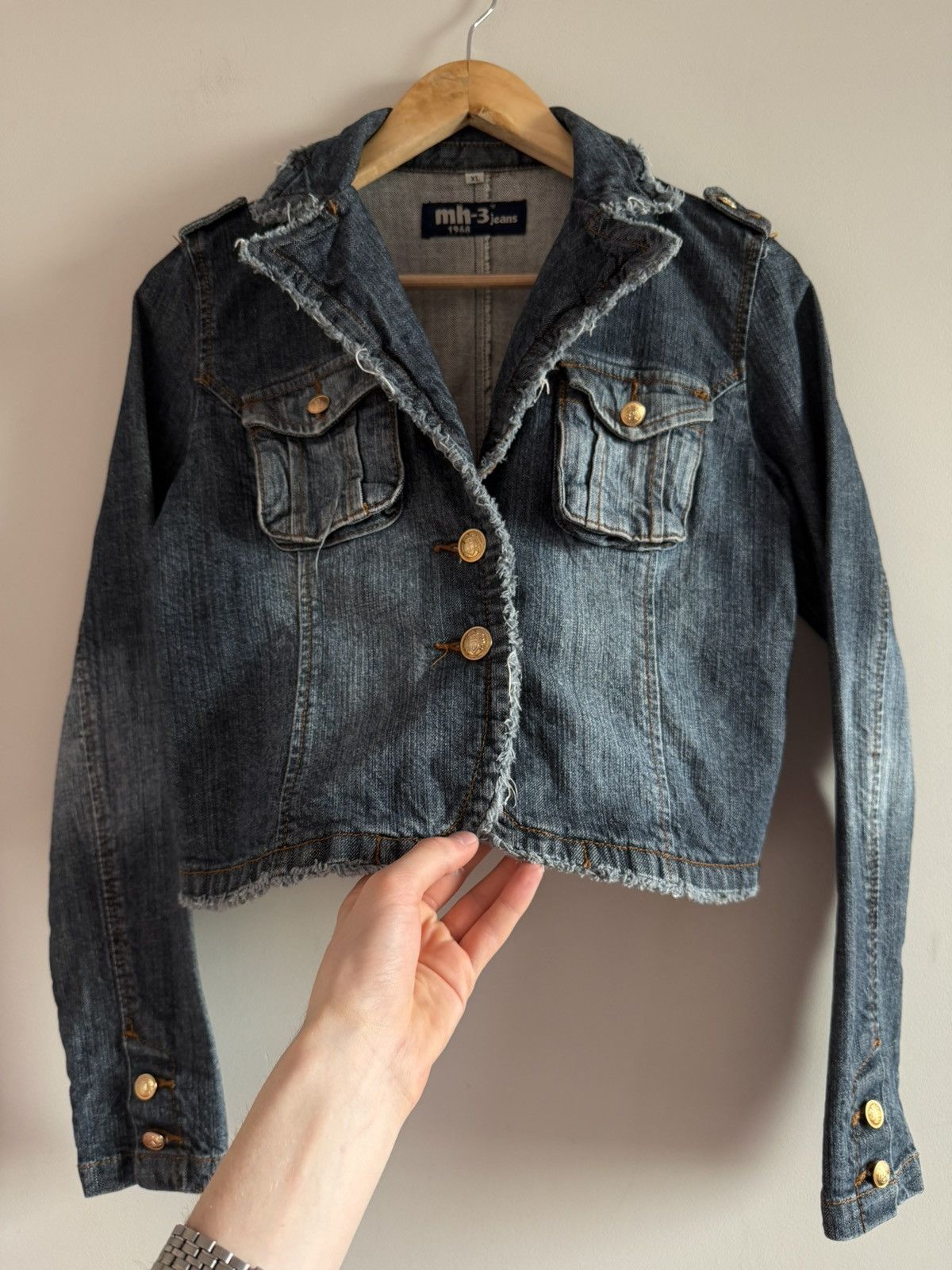 Vintage Cropped Denim Jacket Frayed Raw Hem Size L / US 10 / IT 46 - 3 Thumbnail