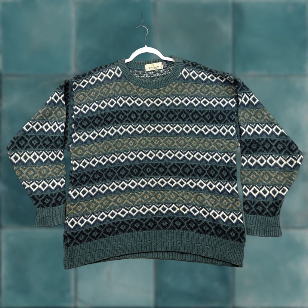 Bill Blass VINTAGE Bill Blass Sweater XL Green Pattern Crewneck USA Pullover 90s Retro Men’s Size US XL / EU 56 / 4 - 1 Thumbnail