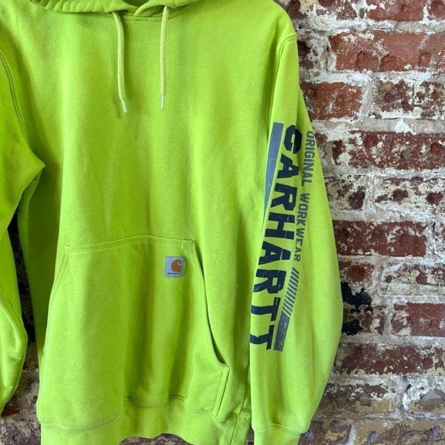 VINTAGE Carhartt Men's Small Logo Hoodie Original Workwear Bright Green