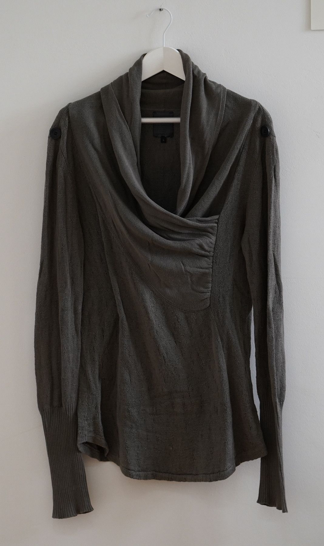Delusion Washed-Green Shawl Collar Drape Knit Top L