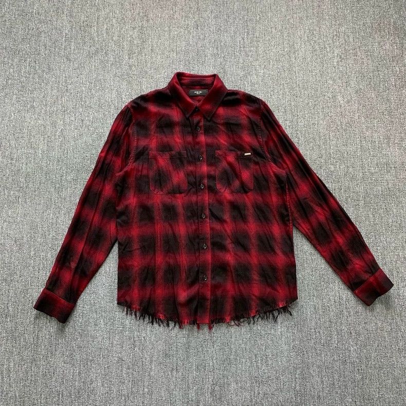 Amiri Amiri Red Destroyed Fringe Plaid Shirt Size US M / EU 48-50 / 2 - 1 Thumbnail