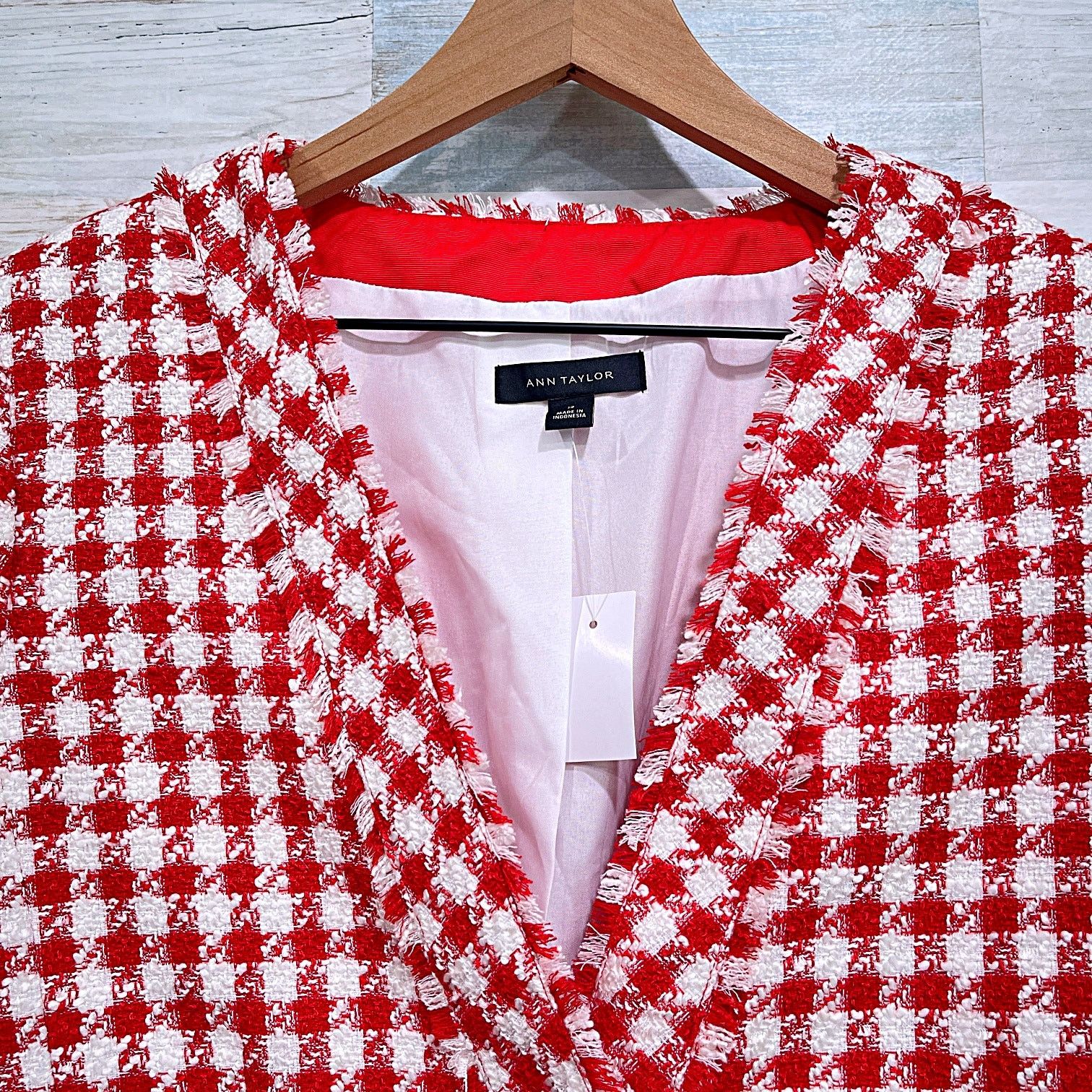 Other Ann Taylor Tweed Fringe Jacket Orange White Plaid Check 12 Size XL / US 12-14 / IT 48-50 - 2 Thumbnail