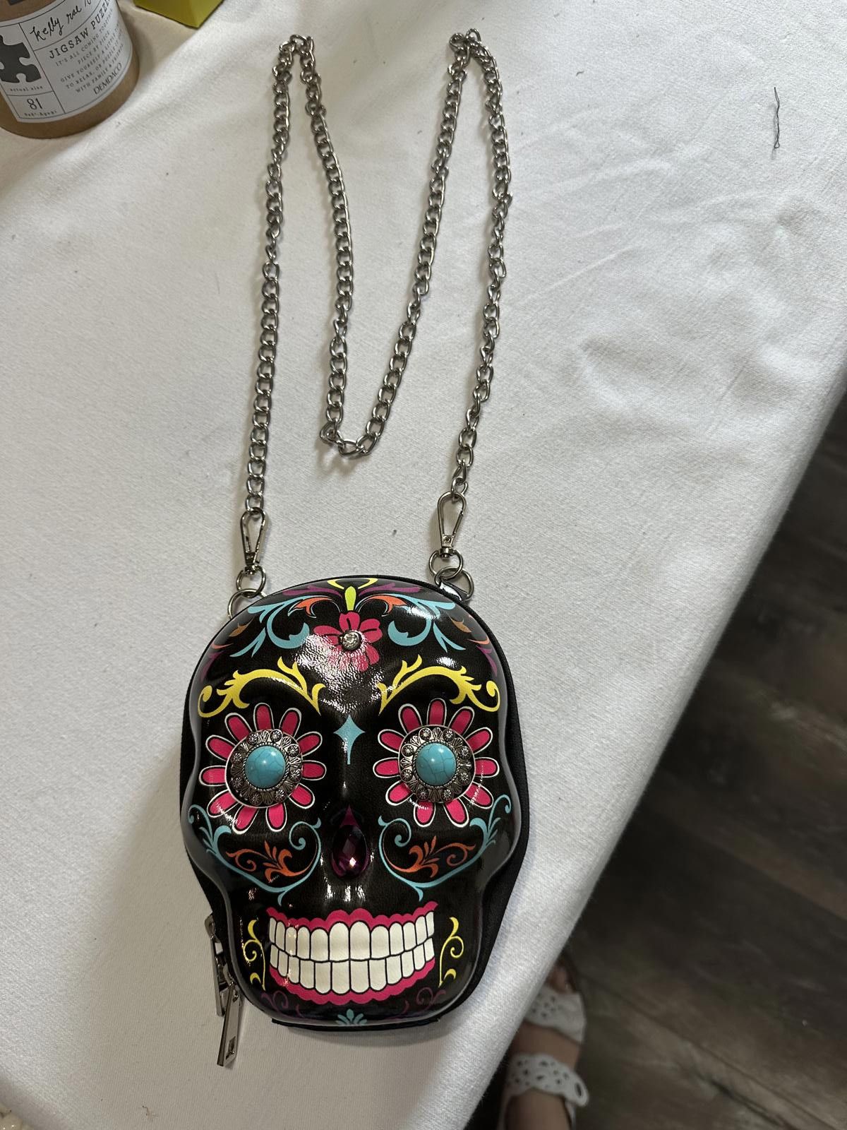 Designer Colorful Sugar Skull Crossbody Bag with Chain Strap Size ONE SIZE - 1 Thumbnail