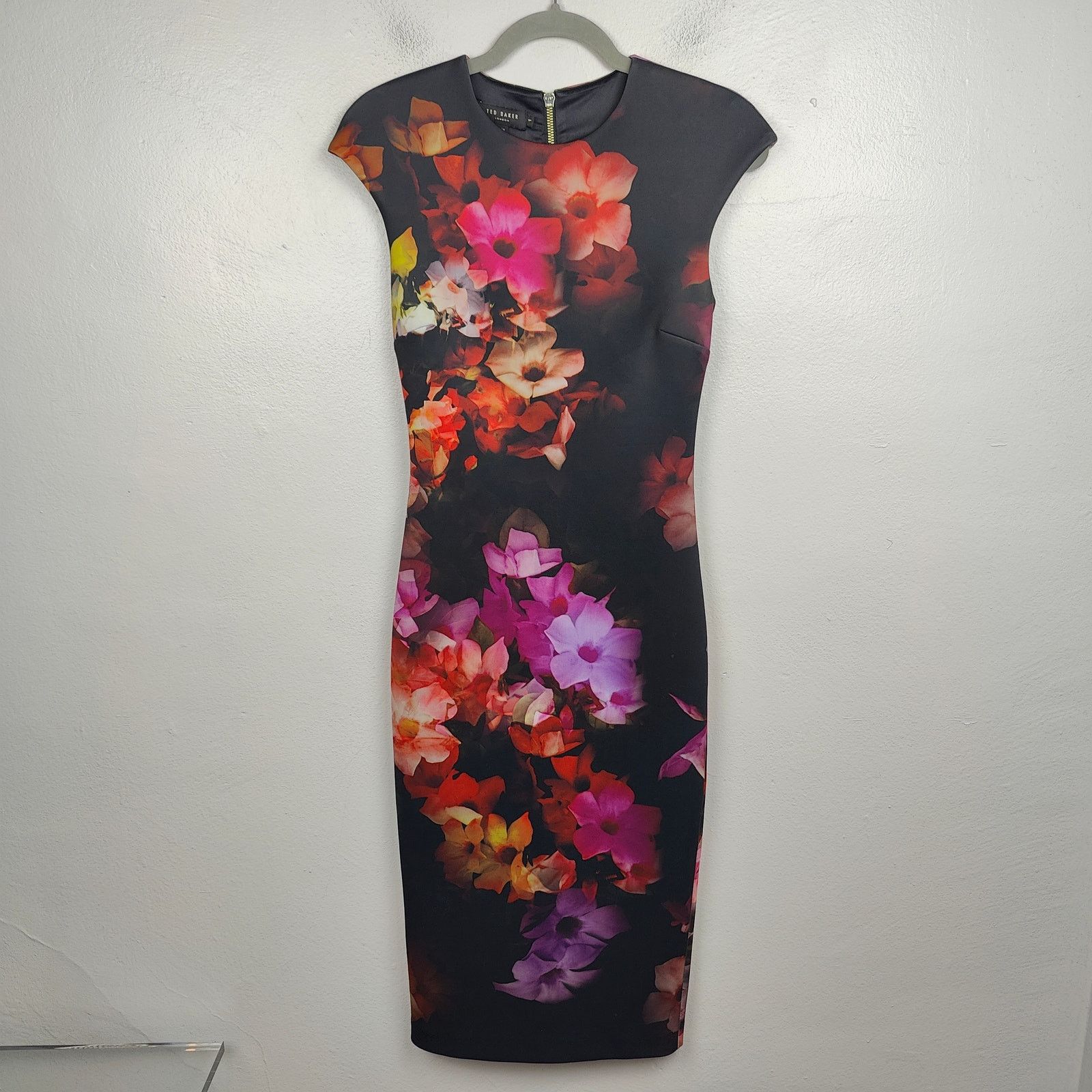 Ted Baker Catina Midi Dress 1 XS Black Floral Cap Sleeve