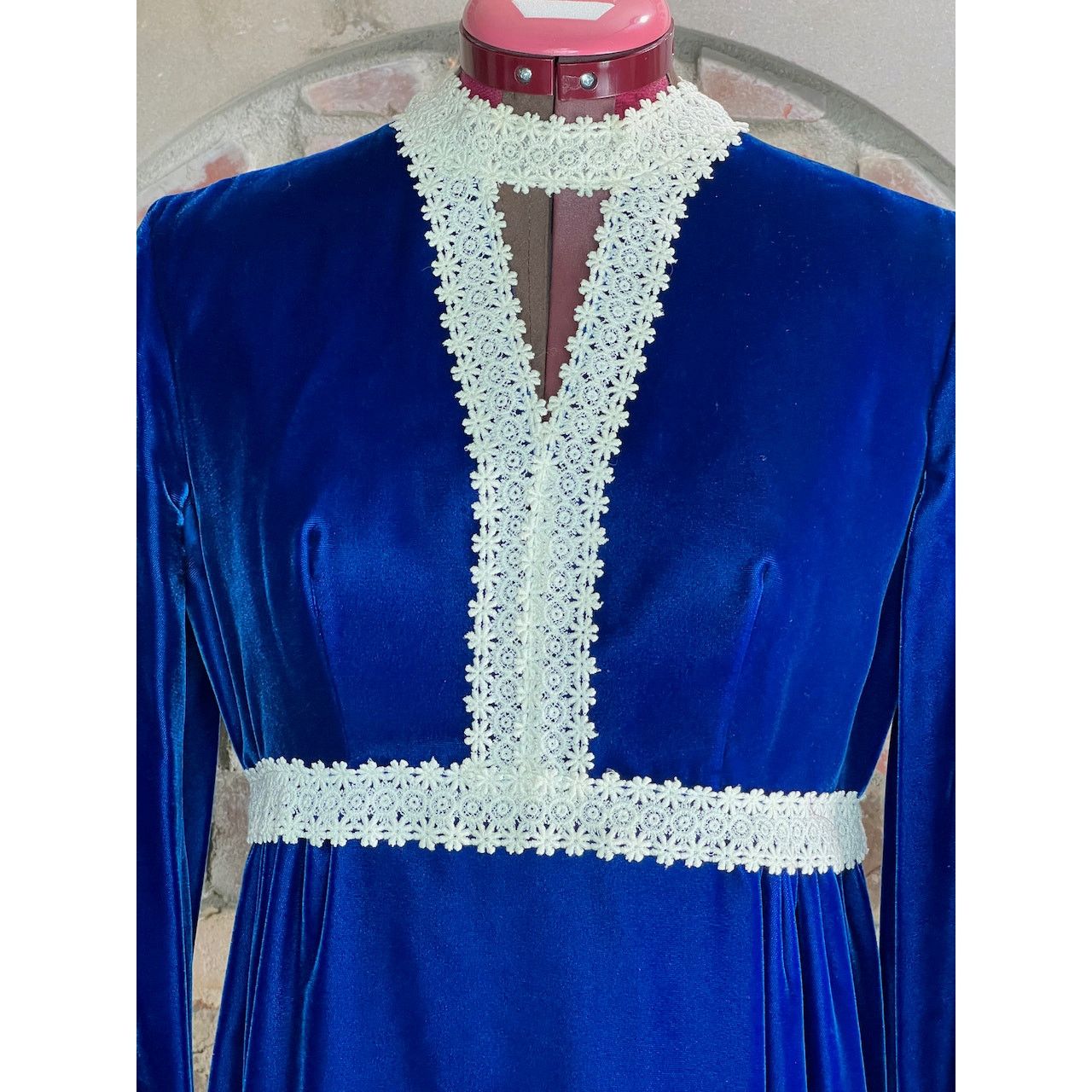 Vintage maxi dress velvet blue lace gothic formal Size XL / US 12-14 / IT 48-50 - 3 Thumbnail