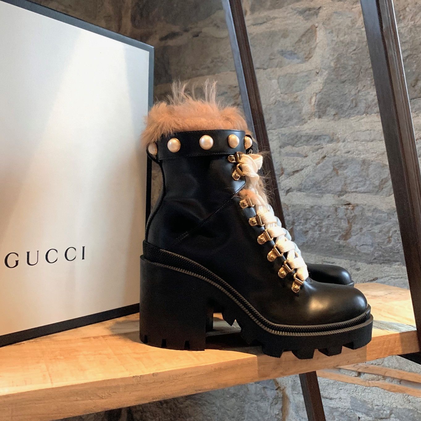 Gucci Gucci Black Leather Trip Heeled Fur Pearl Boots Size US 8 / IT 38 - 1 Thumbnail