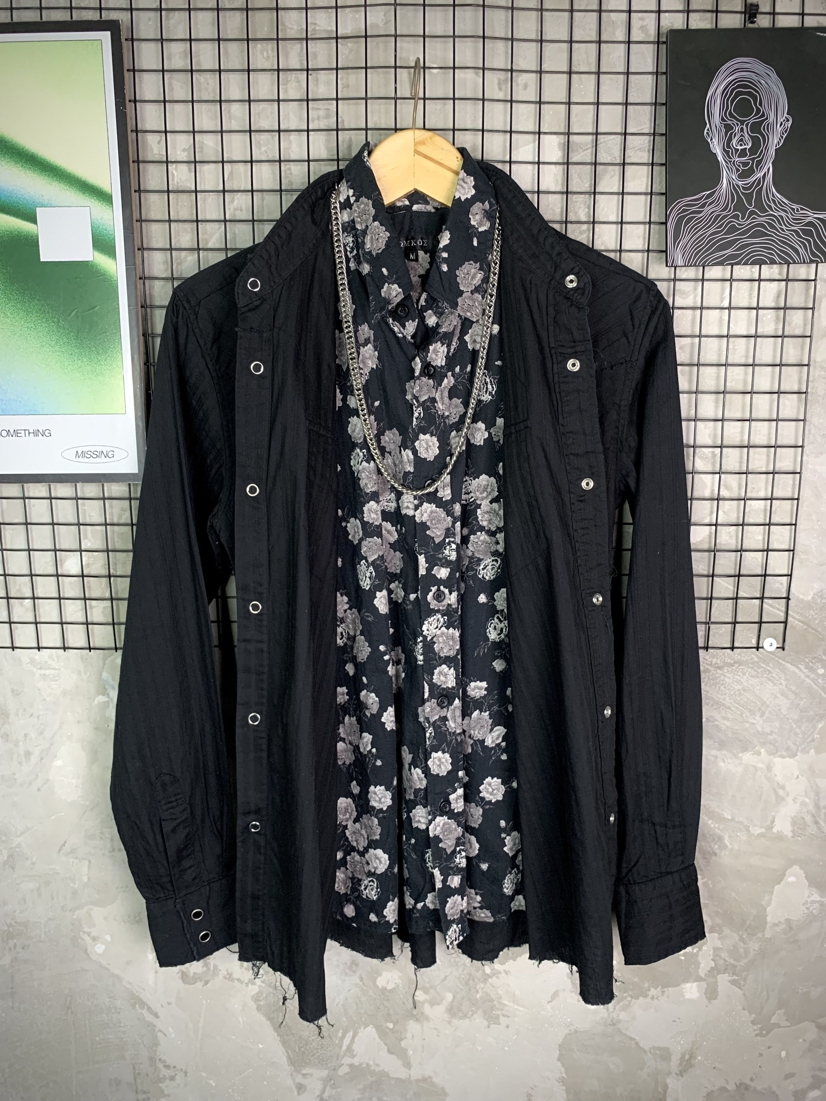Japanese Brand Omkoe Layered 2Piece Shirt Floral Distressed Raw Hem Grunge Size US M / EU 48-50 / 2 - 4 Thumbnail