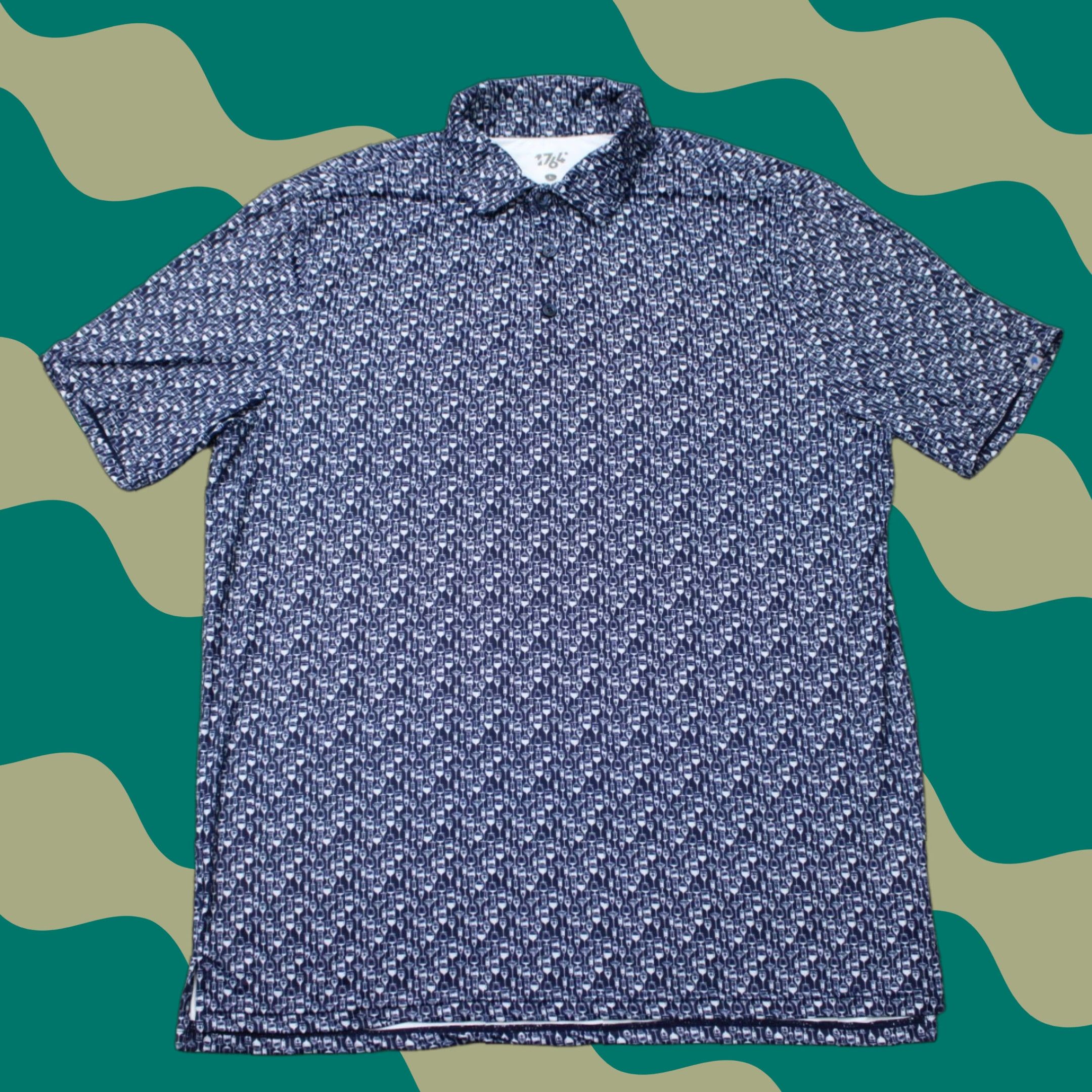 Vintage 1764 Polo Shirt Mens Large Blue Geometric Print Short Sleeve Polo Shirt Large Blue 1764 Sports Golf Casual Men’s Shirt Material Polyester Spandex Size US L / EU 52-54 / 3 - 1 Thumbnail