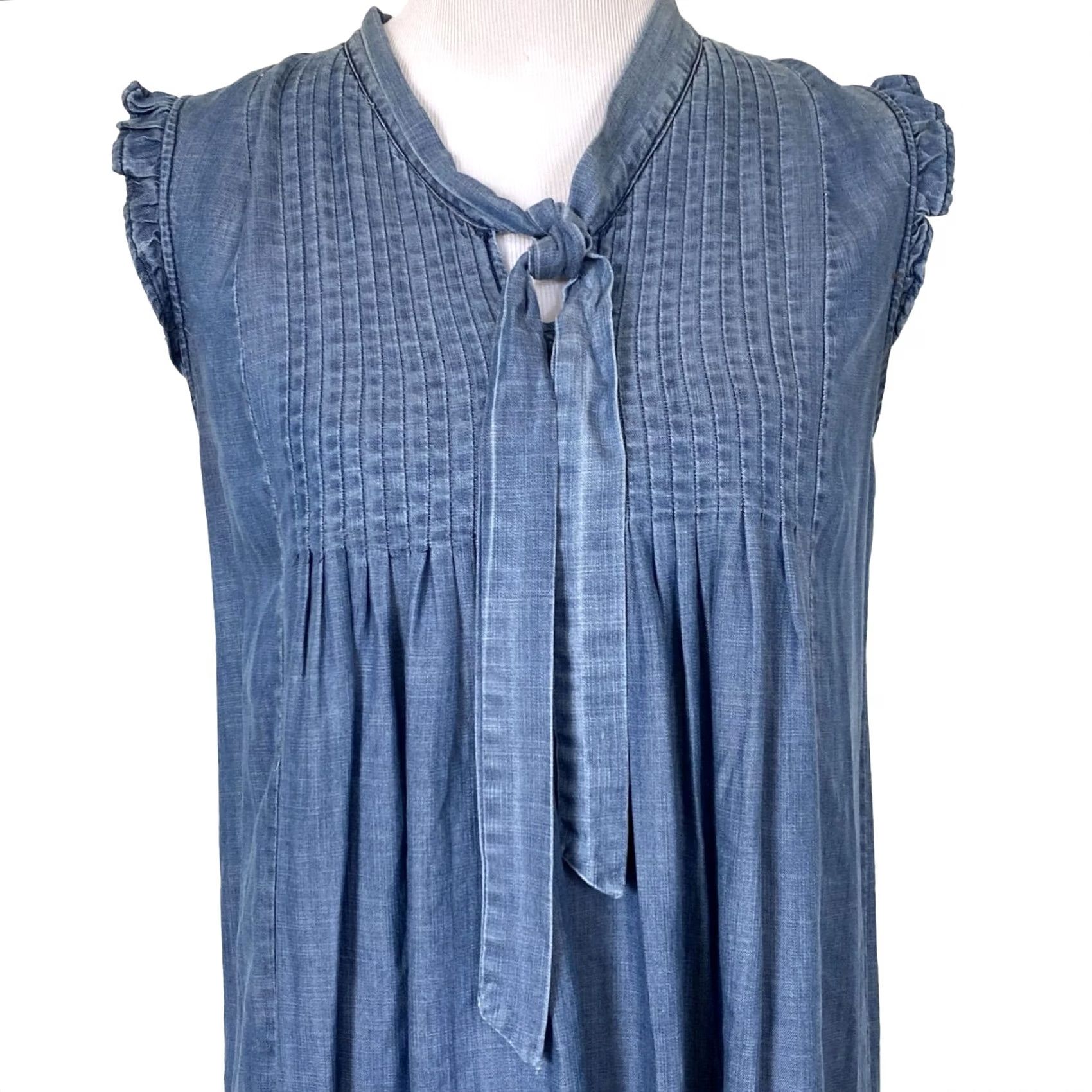 Vintage VINTAGE Current Air Dress Denim Chambray Blue Shift Pintuck Pleats Neck Tie Ruffles XS Womens Size XS / US 0-2 / IT 36-38 - 2 Thumbnail