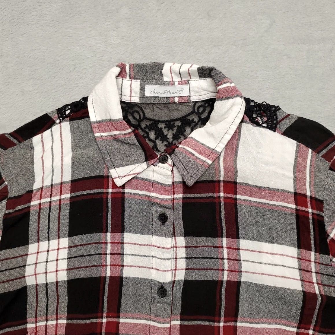 Vintage Keren Hart Blouse Womens M Maroon Plaid Lace Accent Button-Up Boho Western Shirt Size M / US 6-8 / IT 42-44 - 4 Thumbnail