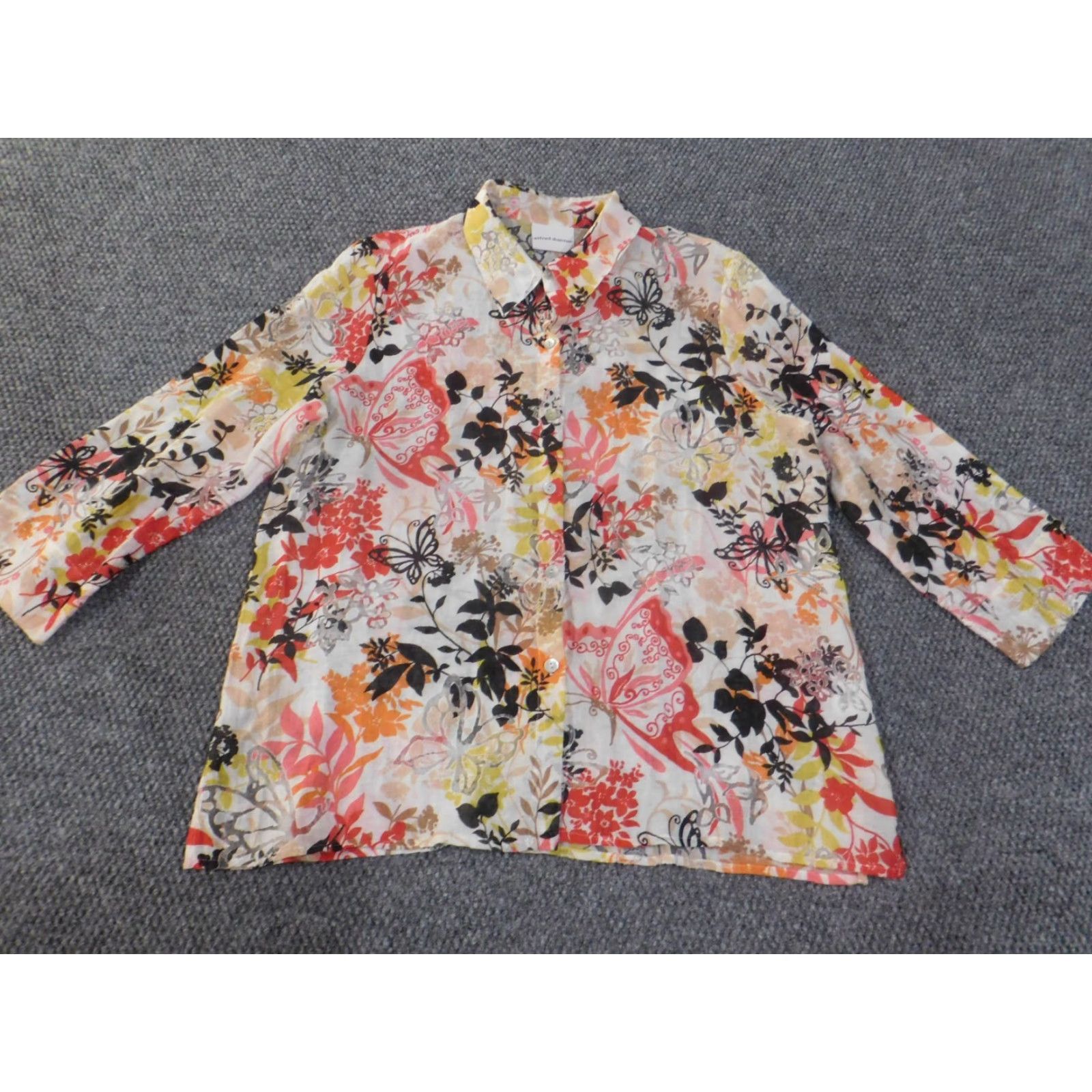 Vintage Alfred Dunner Button-Up Top XL Red Floral Sheer Butterfly Womens Long Sleeve Casual Pullover Round Neck Size XL / US 12-14 / IT 48-50 - 2 Thumbnail