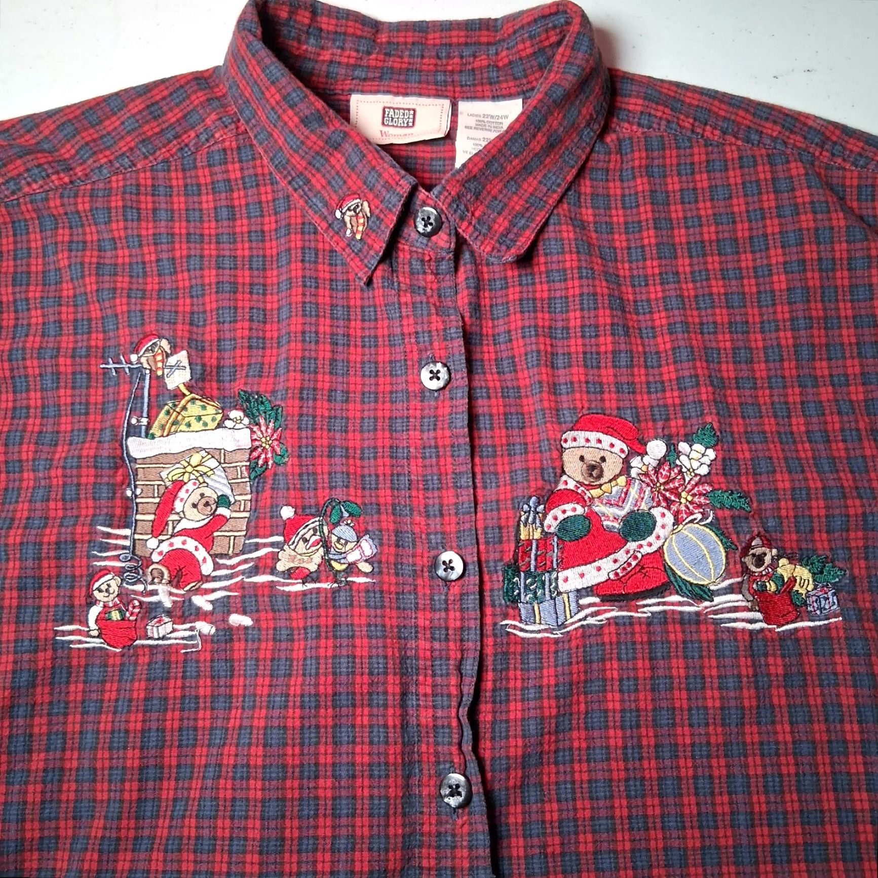 Faded Glory Faded Glory Christmas Shirt Women Plus Size 22/24W Red Plaid Santa Bear Button-Up Embroidered Holiday Blouse Size 3XL / US 20-22 - 2 Thumbnail