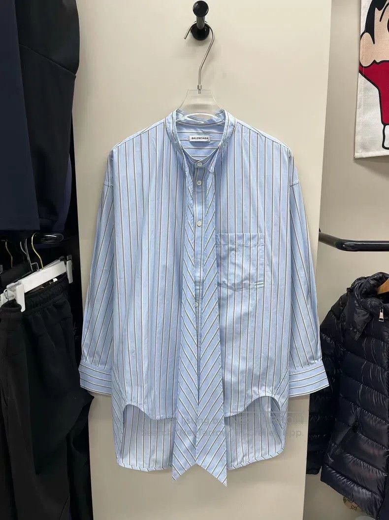 Balenciaga Balenciaga Blue Striped Back Logo Printed Ribbon Shirt Size XXS / US 00 / IT 34 - 1 Thumbnail
