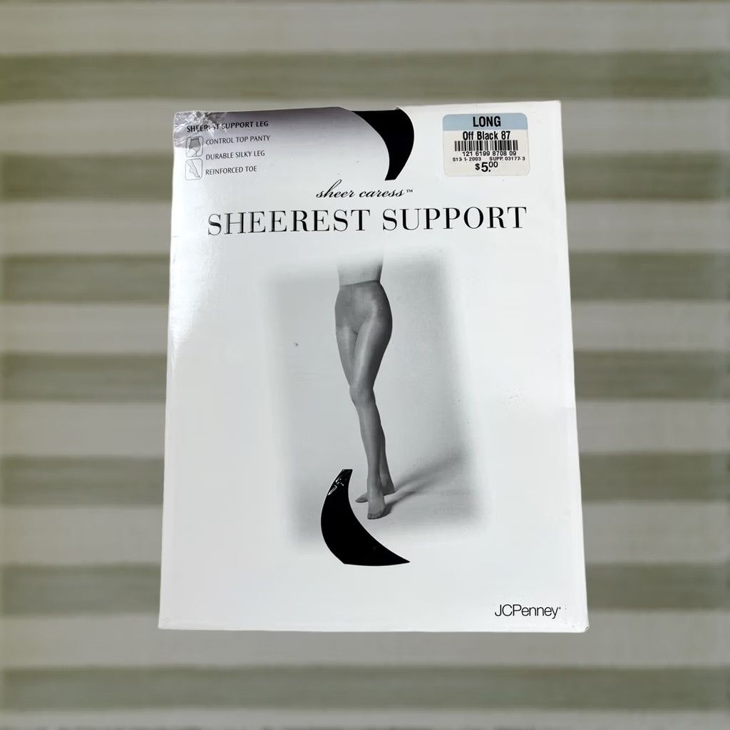 Vintage Sheer Caress Sheerest Support pantyhose Womens One Size Tall Black Nylon Size 42" / US 20 - 1 Thumbnail