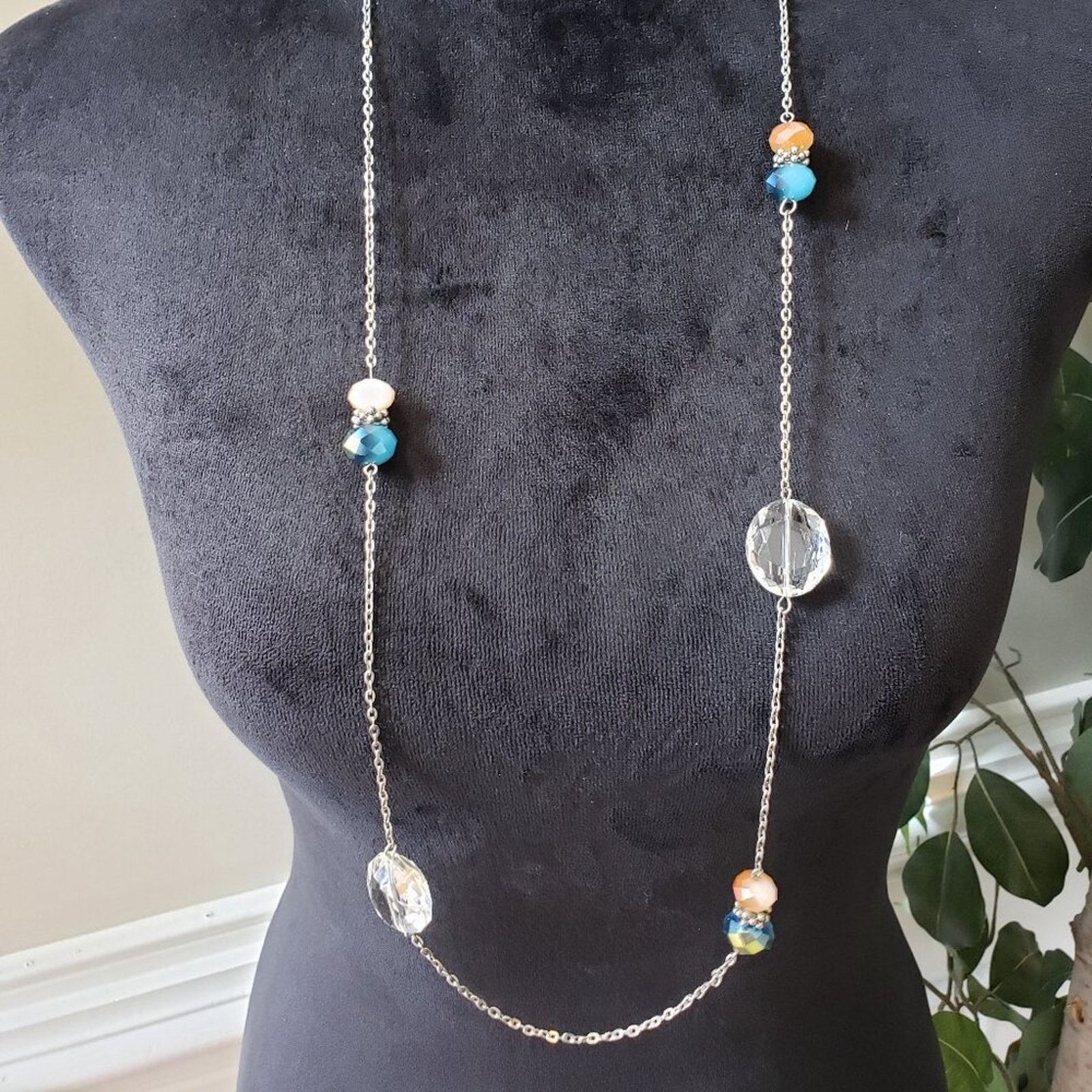 The Unbranded Brand Clear & Blue Crystal Beads Silver Tone Chain Long Necklace Size ONE SIZE - 1 Thumbnail