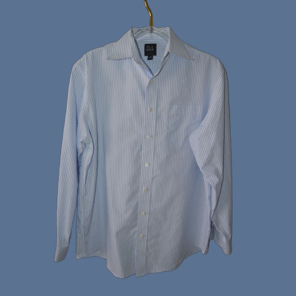 Jos. A. Bank Jos. A. Bank Dress Shirt Traveler Blue White Stripe L/S Button-Front 17-35 Men Regular 100% Cotton Button-Down Collared Vintage: No Size 46R - 1 Thumbnail