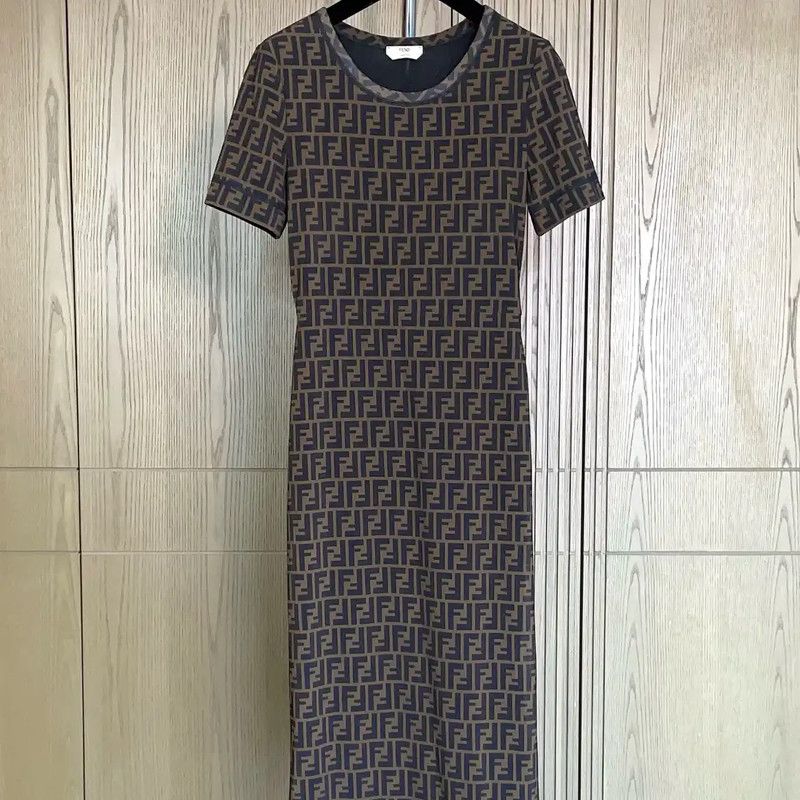 Fendi Brown Printed Short Sleeve Midi Dress 0089