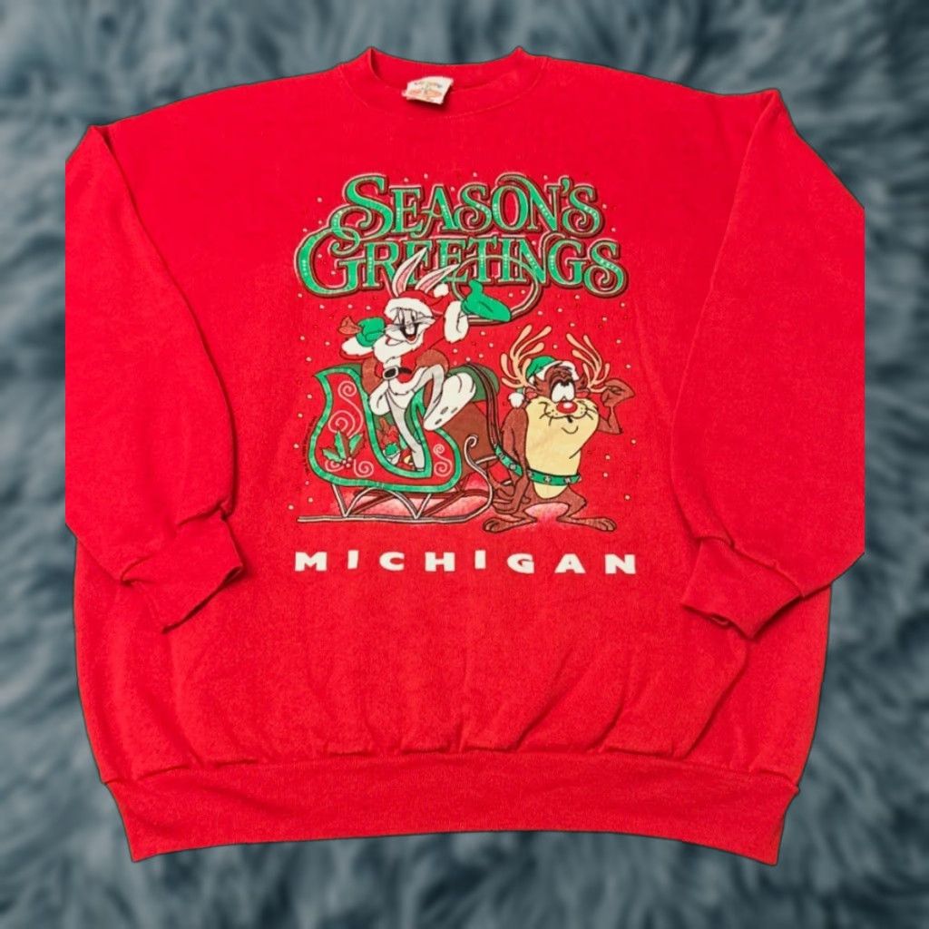 VINTAGE 90s Looney Tunes Cartoon Christmas VTG Crewneck Sweater Mens XL Michigan Crew Neck Red Long Sleeve Pullover Sweatshirt Men