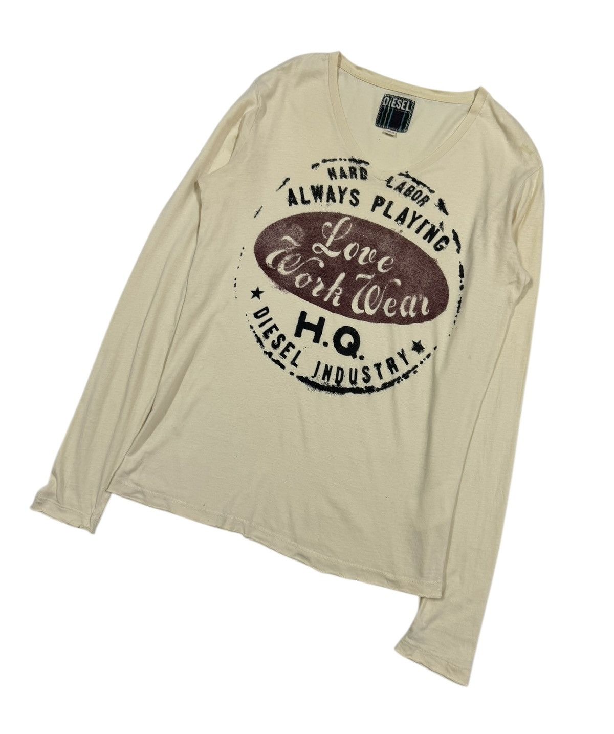 Diesel × Diesel Black Gold Vtg🔥Diese Beige Printed V-Neck Longsleeve Shirt Size US M / EU 48-50 / 2 - 5 Thumbnail