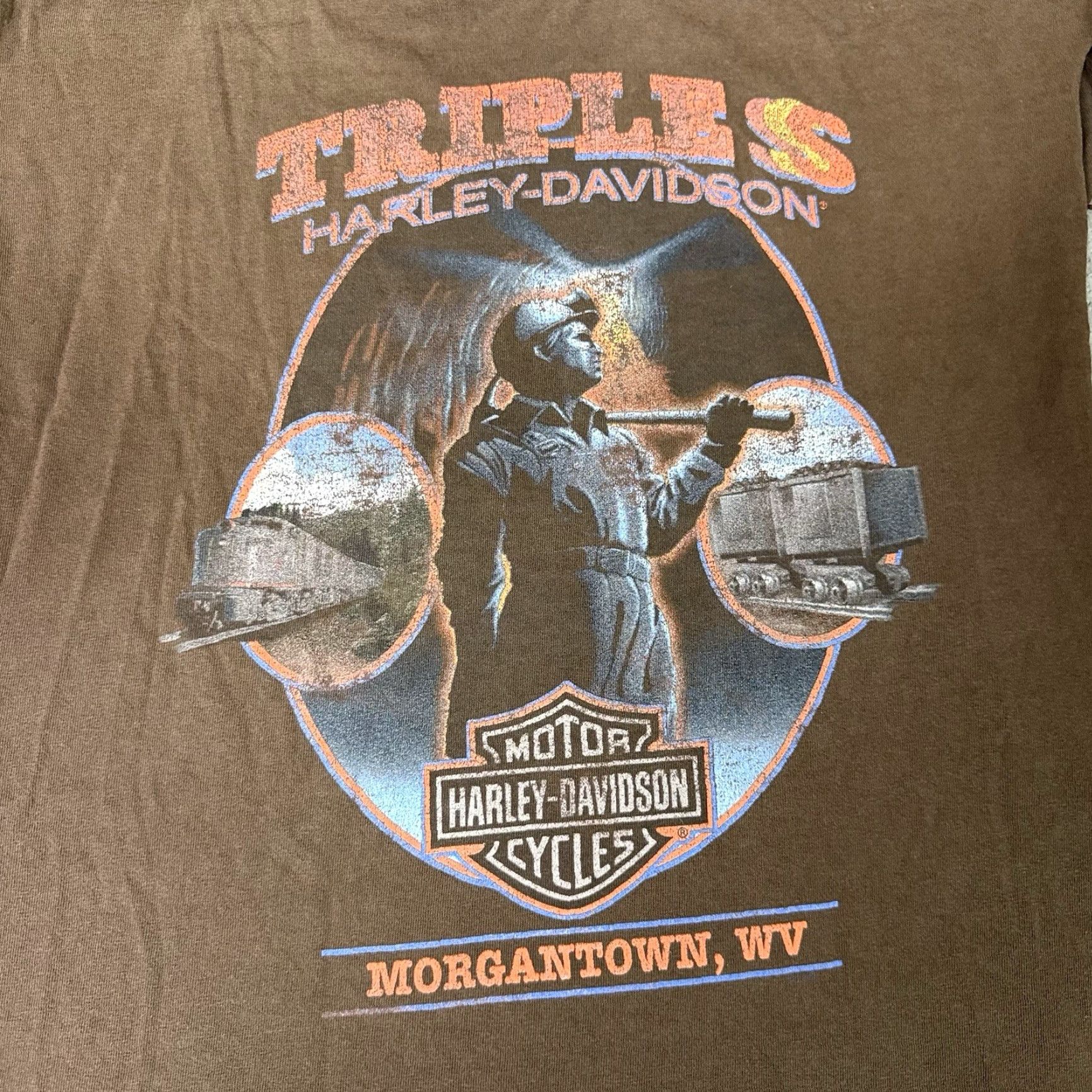Harley Davidson VINTAGE Harley-Davidson T Shirt Mens L Brown Morgantown Army Rare Distressed Cut Off Graphic Print Crew Neck 2000s USA Y2K Harley Davidson Mens Size US L / EU 52-54 / 3 - 5 Thumbnail