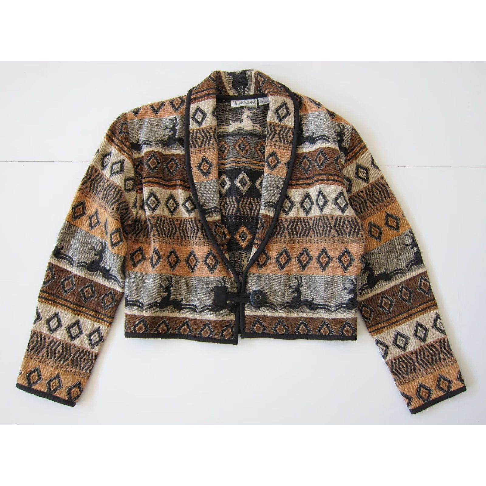 Vintage VINTAGE Flashback Jacket Womens M Bohemian Black Brown Aztec Deer 100% Cotton Blazer Shirt Coat L/M? Size M / US 6-8 / IT 42-44 - 7 Thumbnail